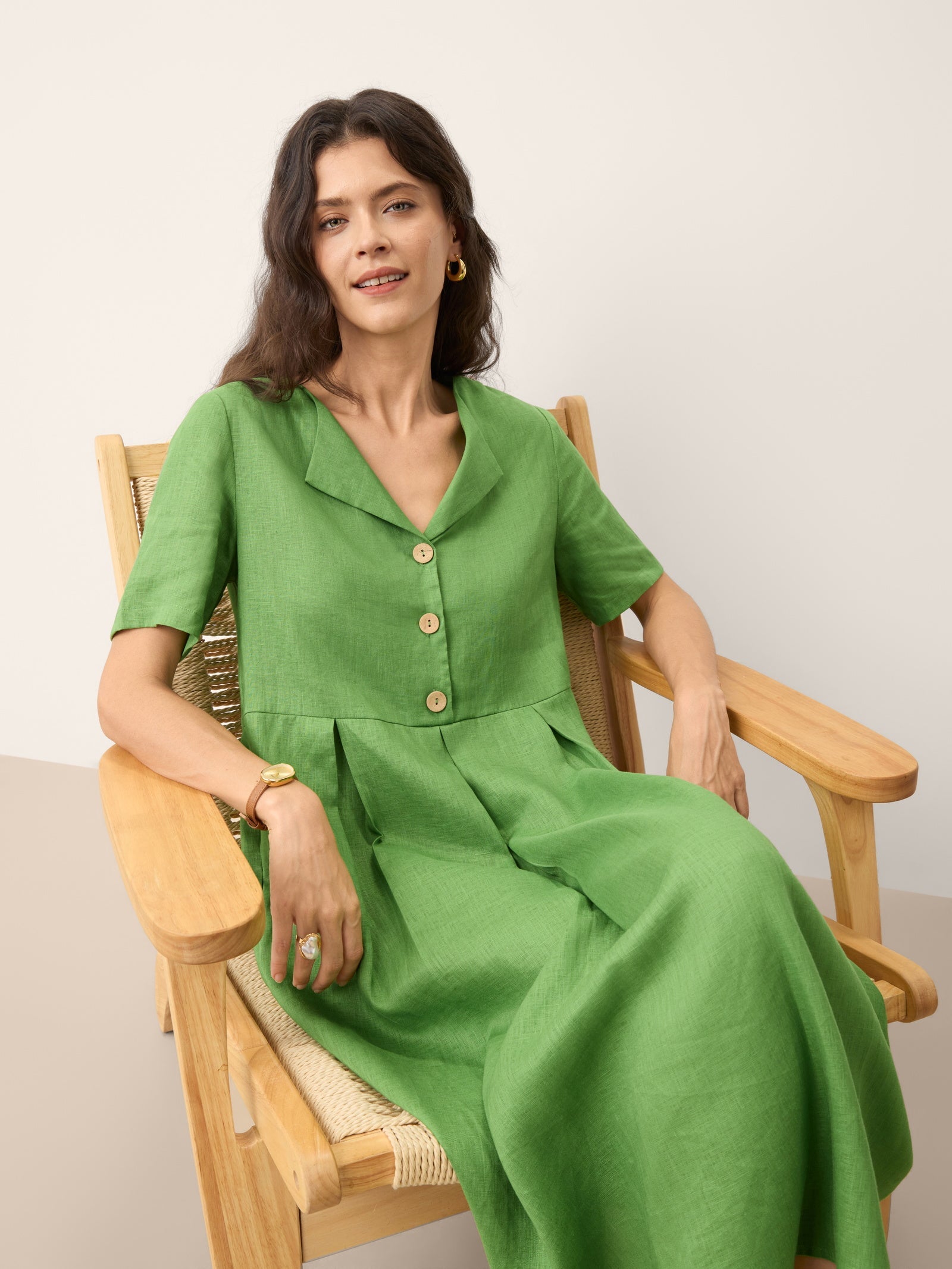 100% Linen Split Neck Button Detail Midi Dress SERAPHINE DestGlow
