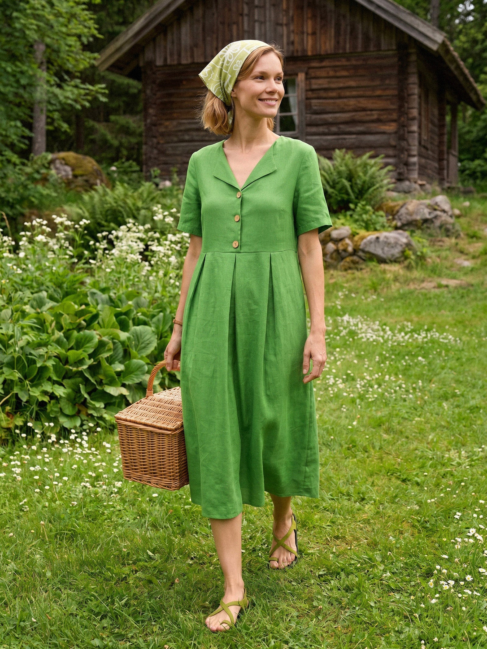 100% Linen Split Neck Button Detail Midi Dress SERAPHINE DestGlow