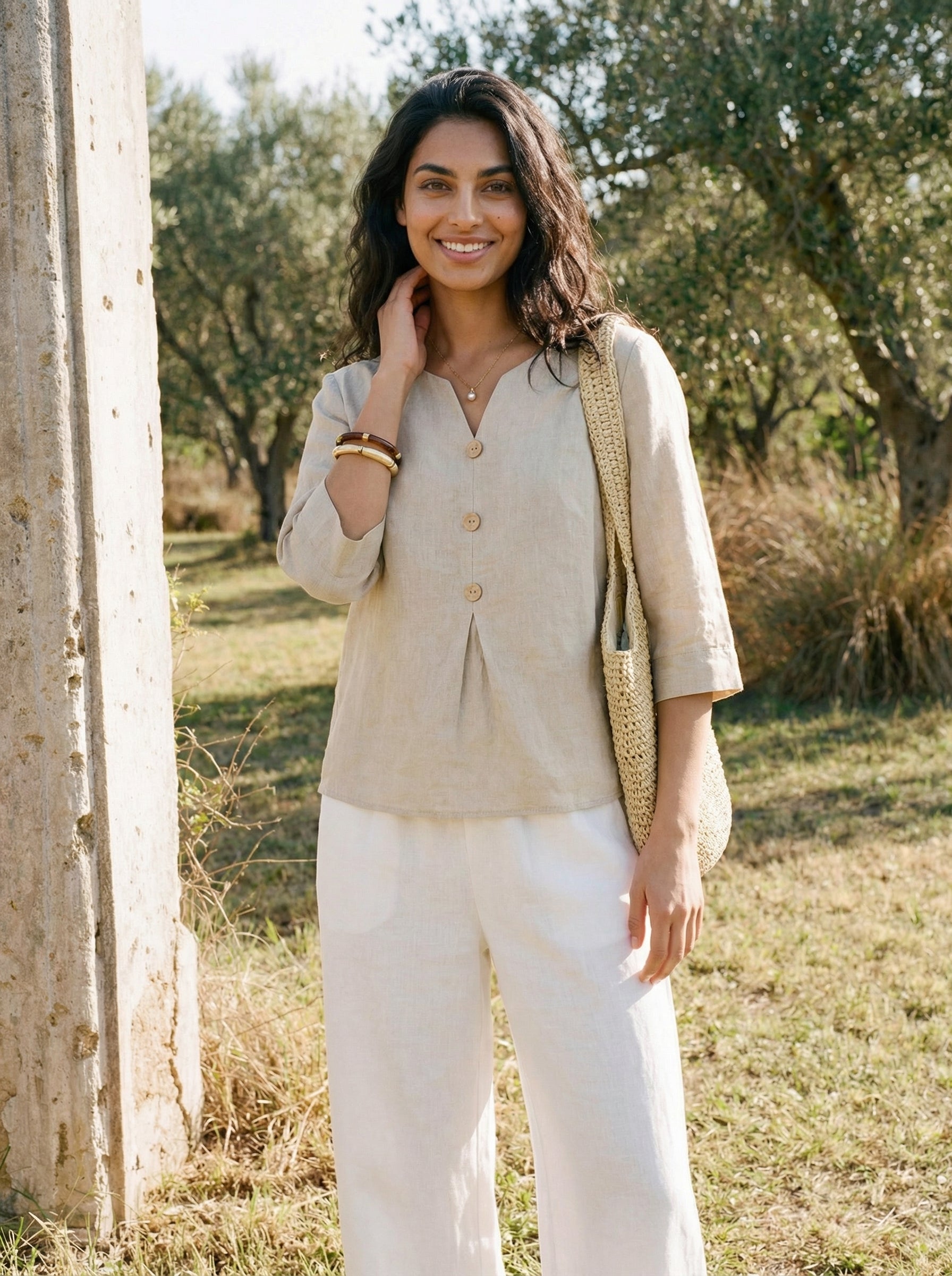 100% Linen Split Neck Inverted Pleat Top TABITHA