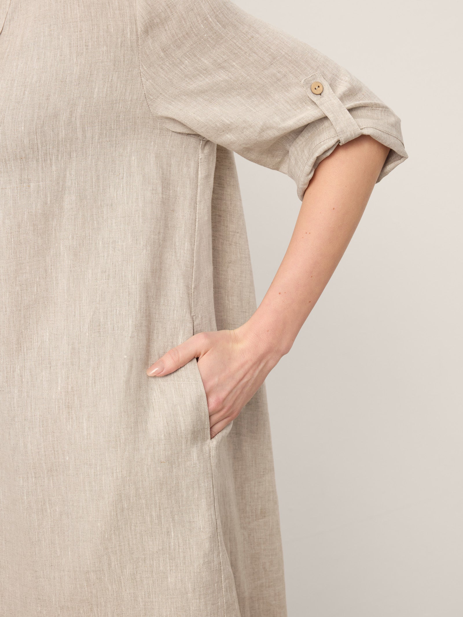 100% Linen Stand Collar V-Slit Tab Sleeve Midi Dress LEORA by LINTICO