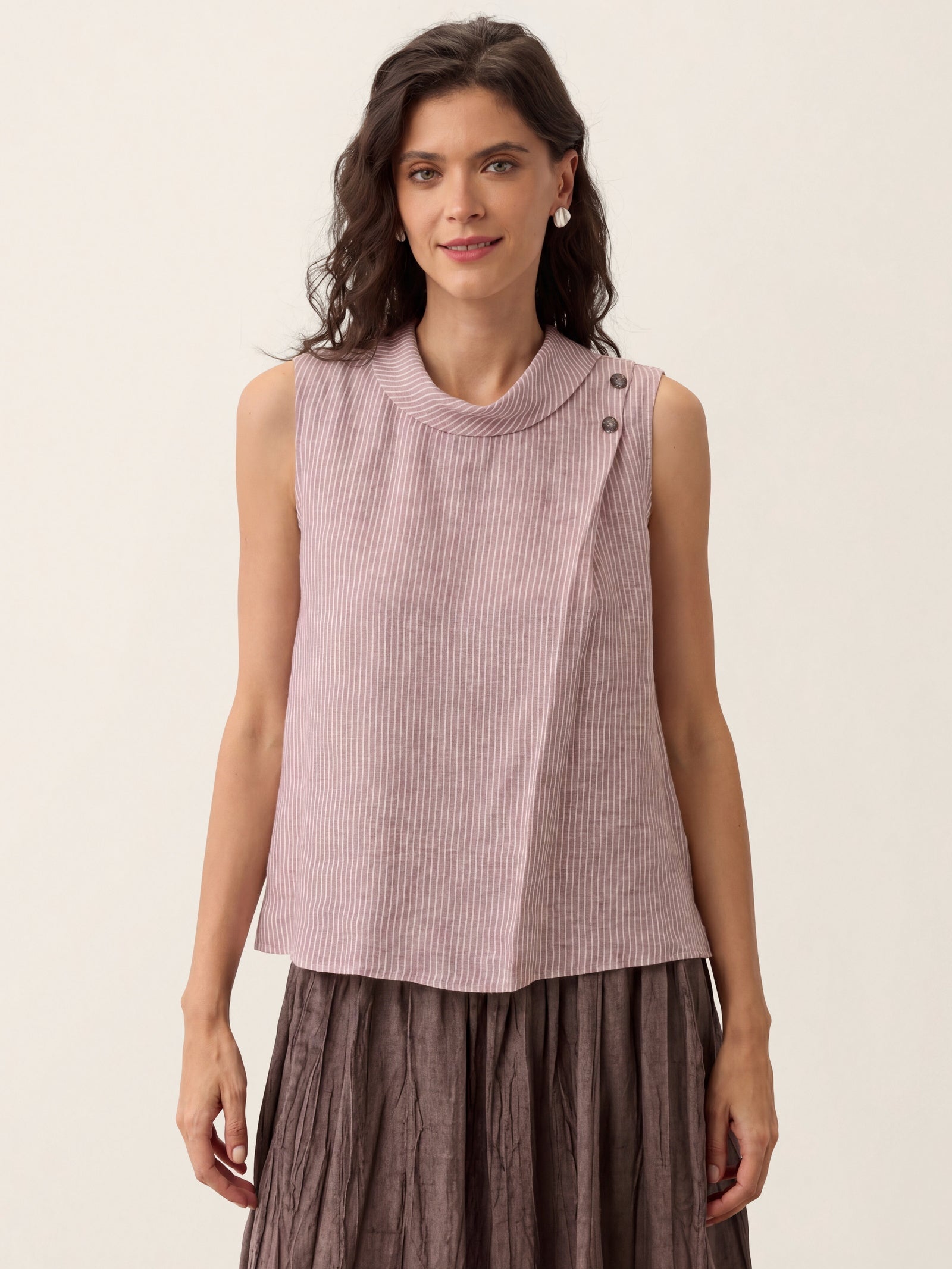 100% Linen Striped Diagonal Pleat Mock Neck Top ESTHER DestGlow