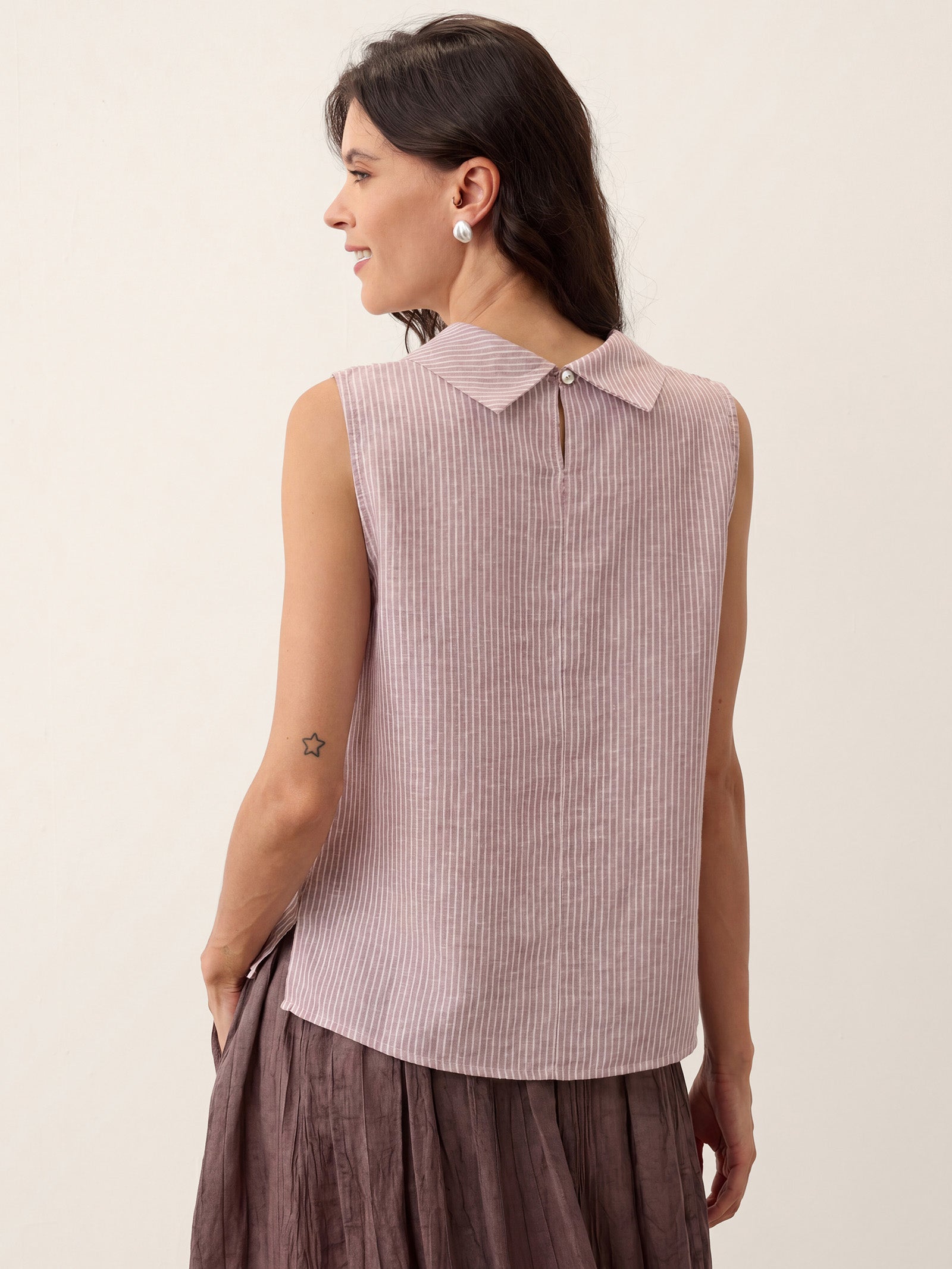 100% Linen Striped Diagonal Pleat Mock Neck Top ESTHER DestGlow