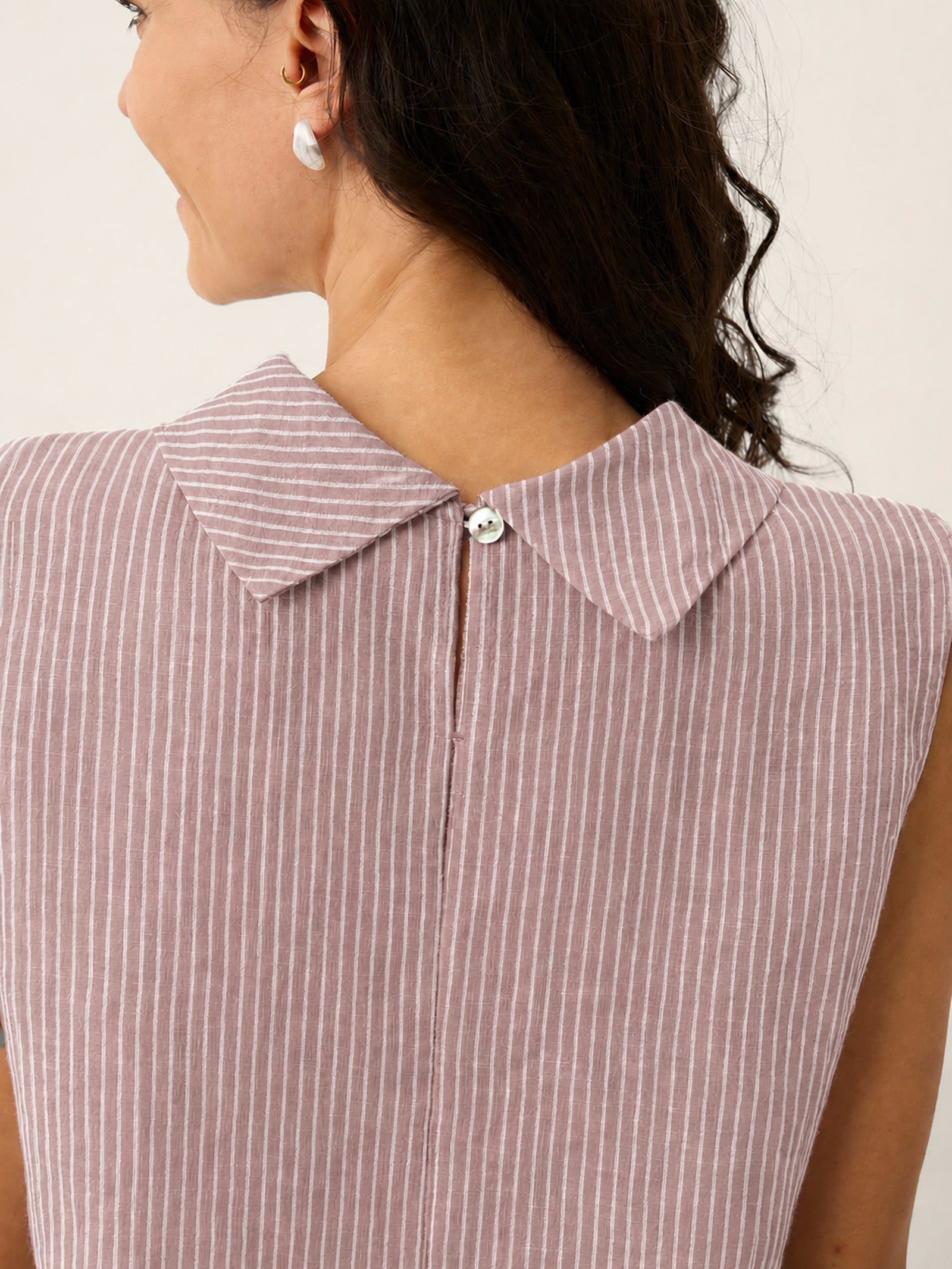 100% Linen Striped Diagonal Pleat Mock Neck Top ESTHER DestGlow