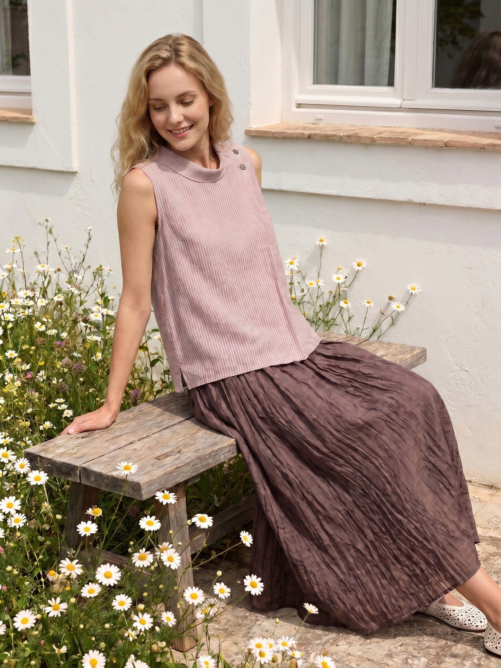 100% Linen Striped Diagonal Pleat Mock Neck Top ESTHER DestGlow