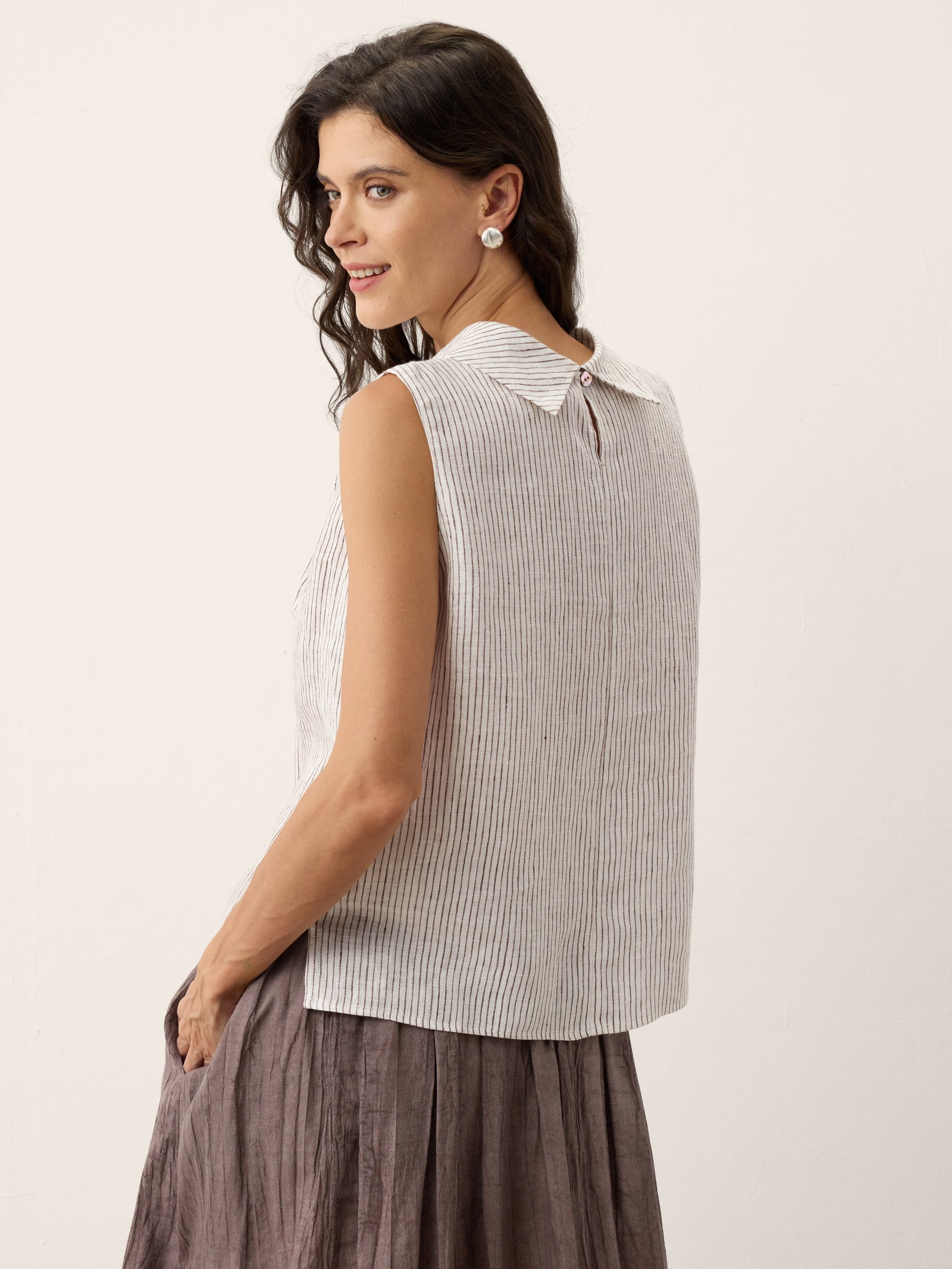 100% Linen Striped Diagonal Pleat Mock Neck Top ESTHER DestGlow