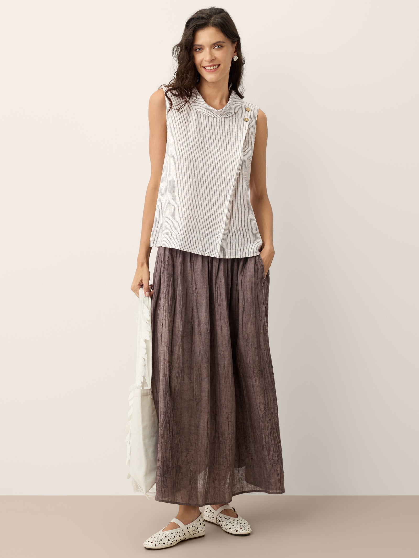 100% Linen Striped Diagonal Pleat Mock Neck Top ESTHER DestGlow