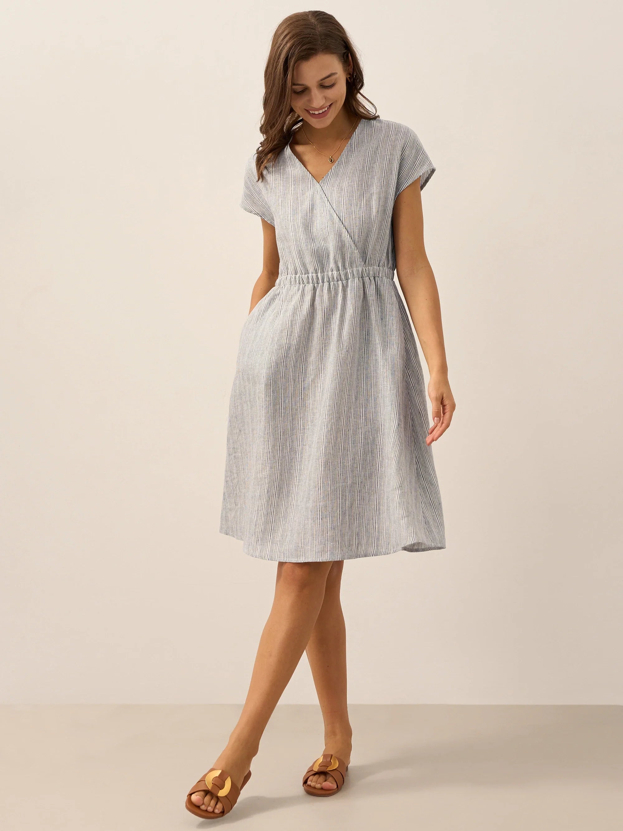 100% Linen Striped Elastic-Waist Mini Dress ARIA by LINTICO