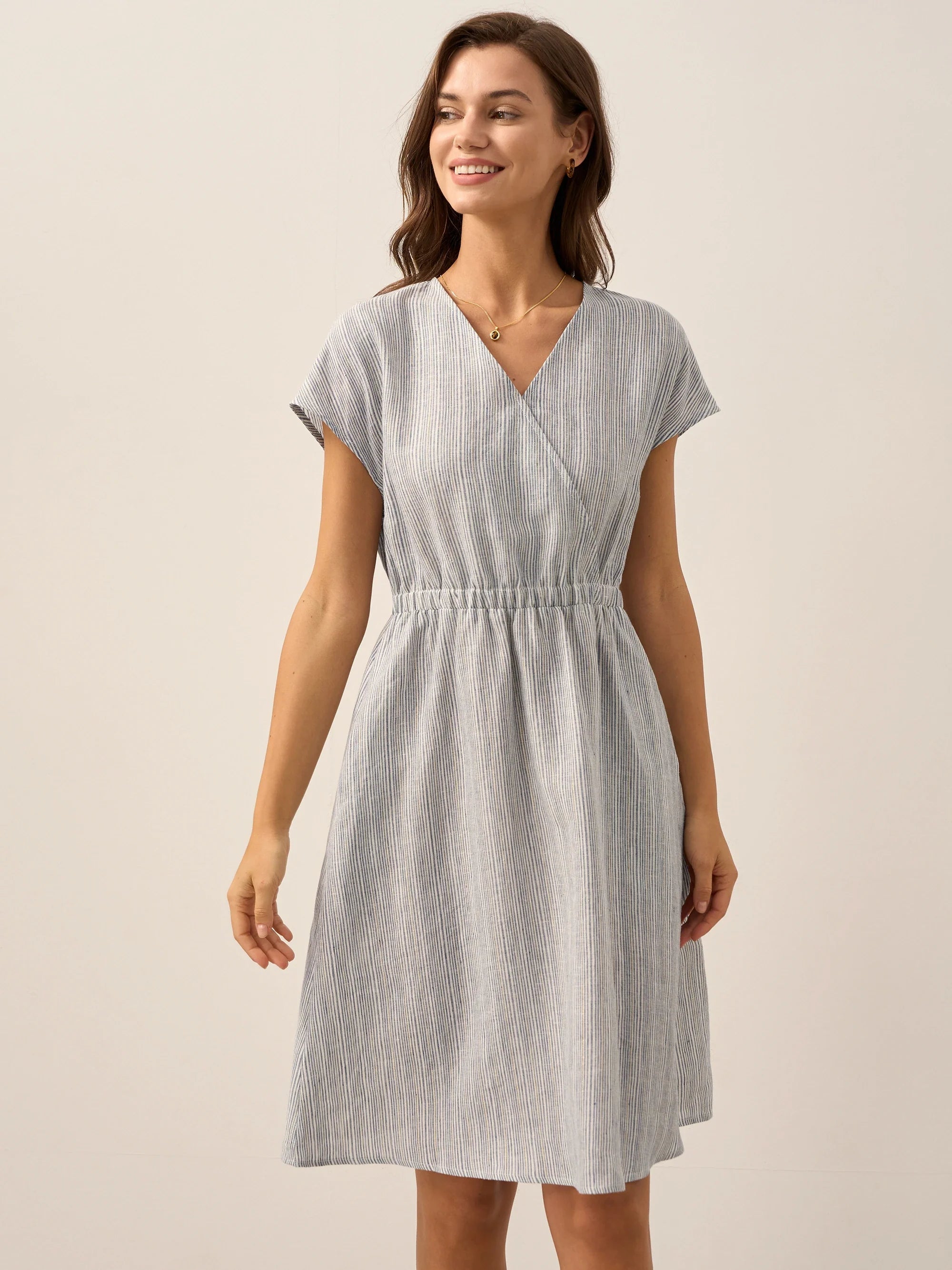 100% Linen Striped Elastic-Waist Mini Dress ARIA by LINTICO