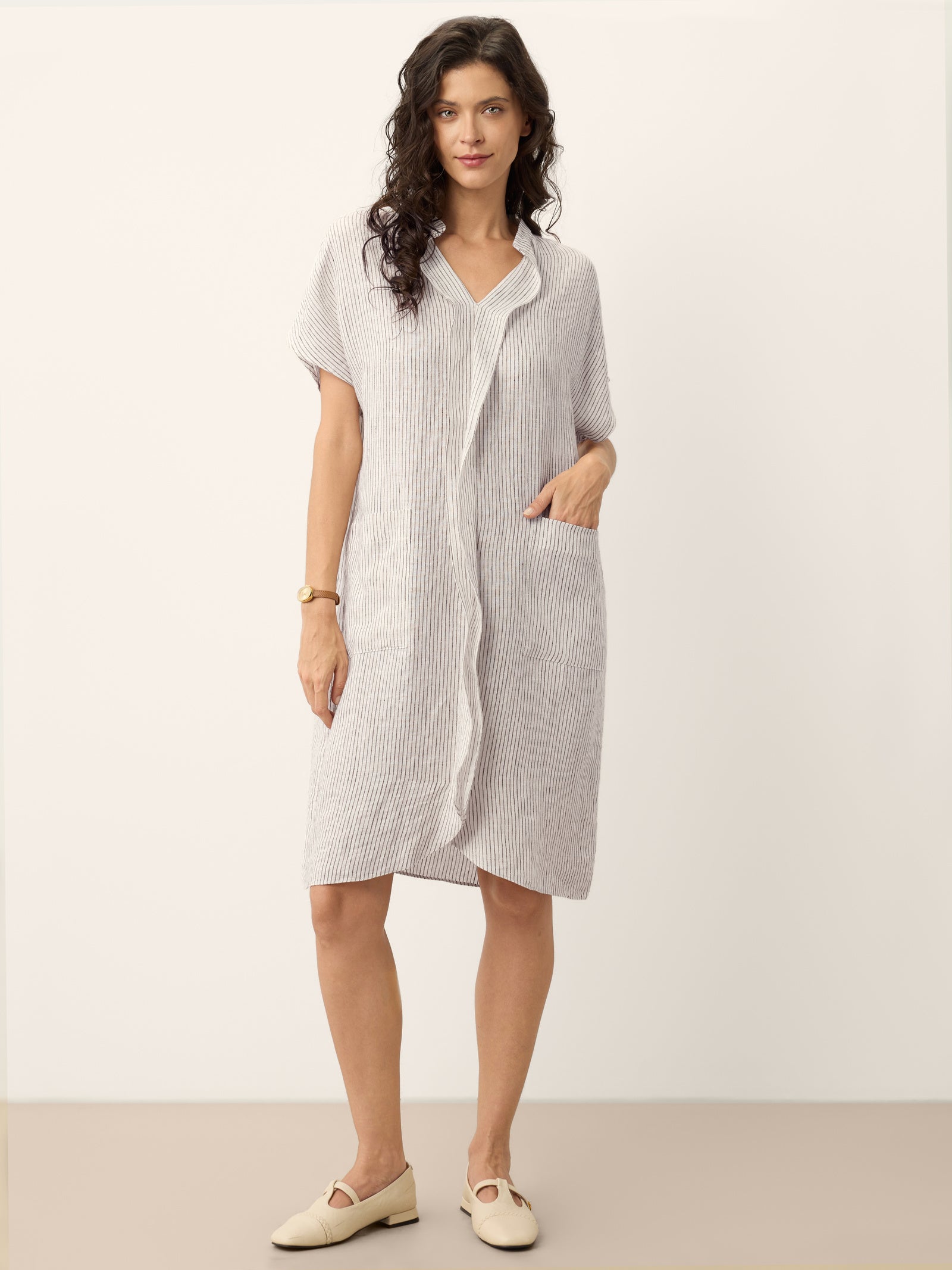 100% Linen Striped Ruffle Placket Shirt Dress GLORIA DestGlow