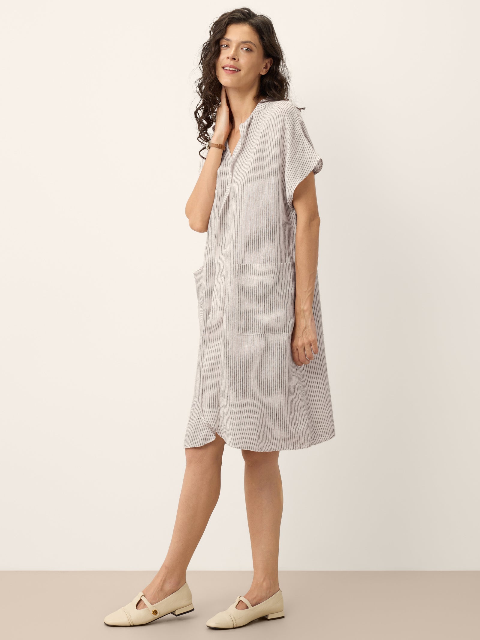 100% Linen Striped Ruffle Placket Shirt Dress GLORIA DestGlow