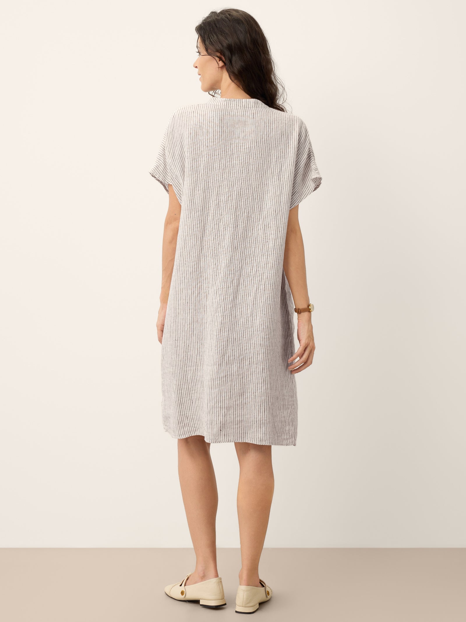 100% Linen Striped Ruffle Placket Shirt Dress GLORIA DestGlow
