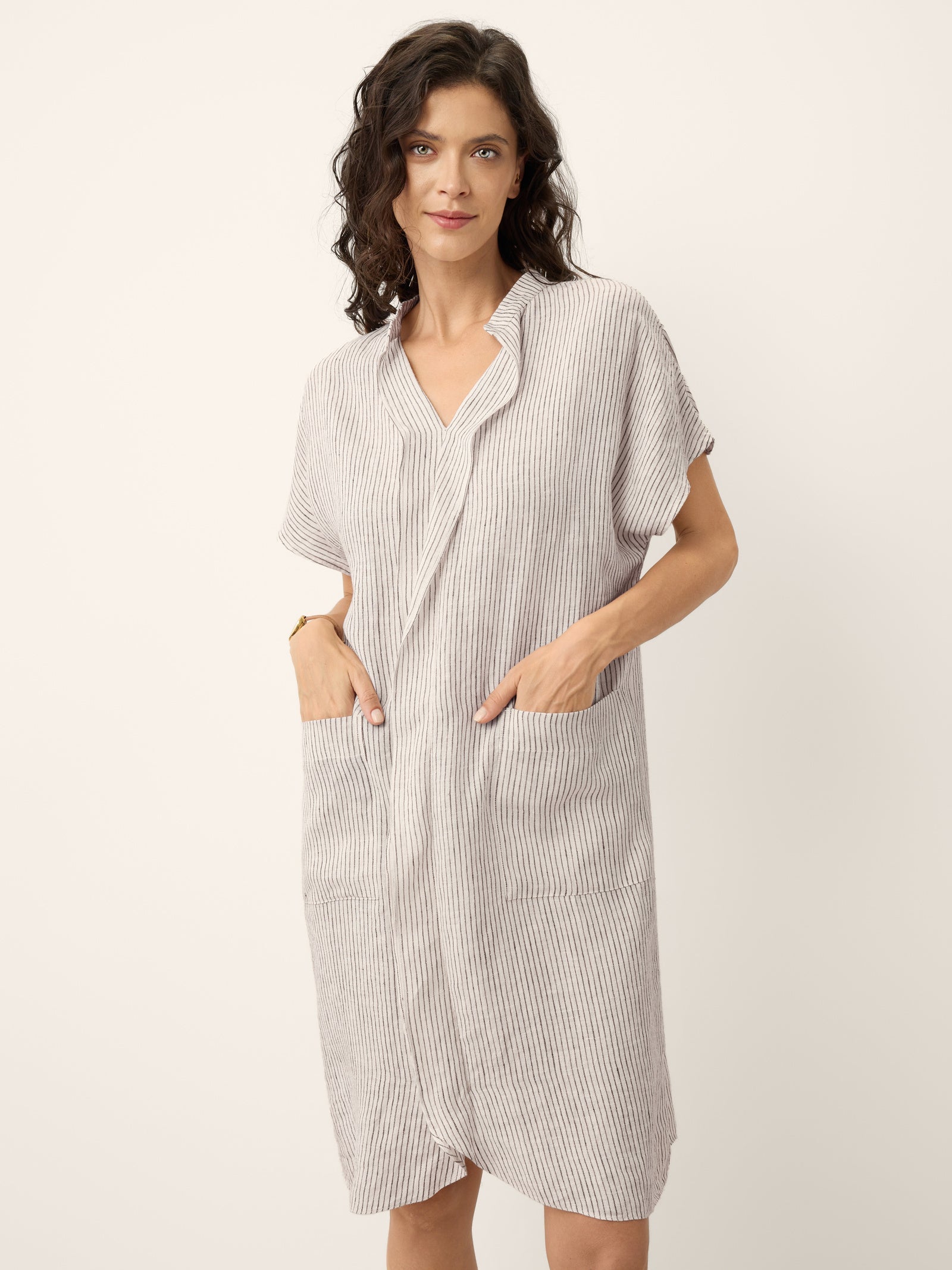 100% Linen Striped Ruffle Placket Shirt Dress GLORIA DestGlow