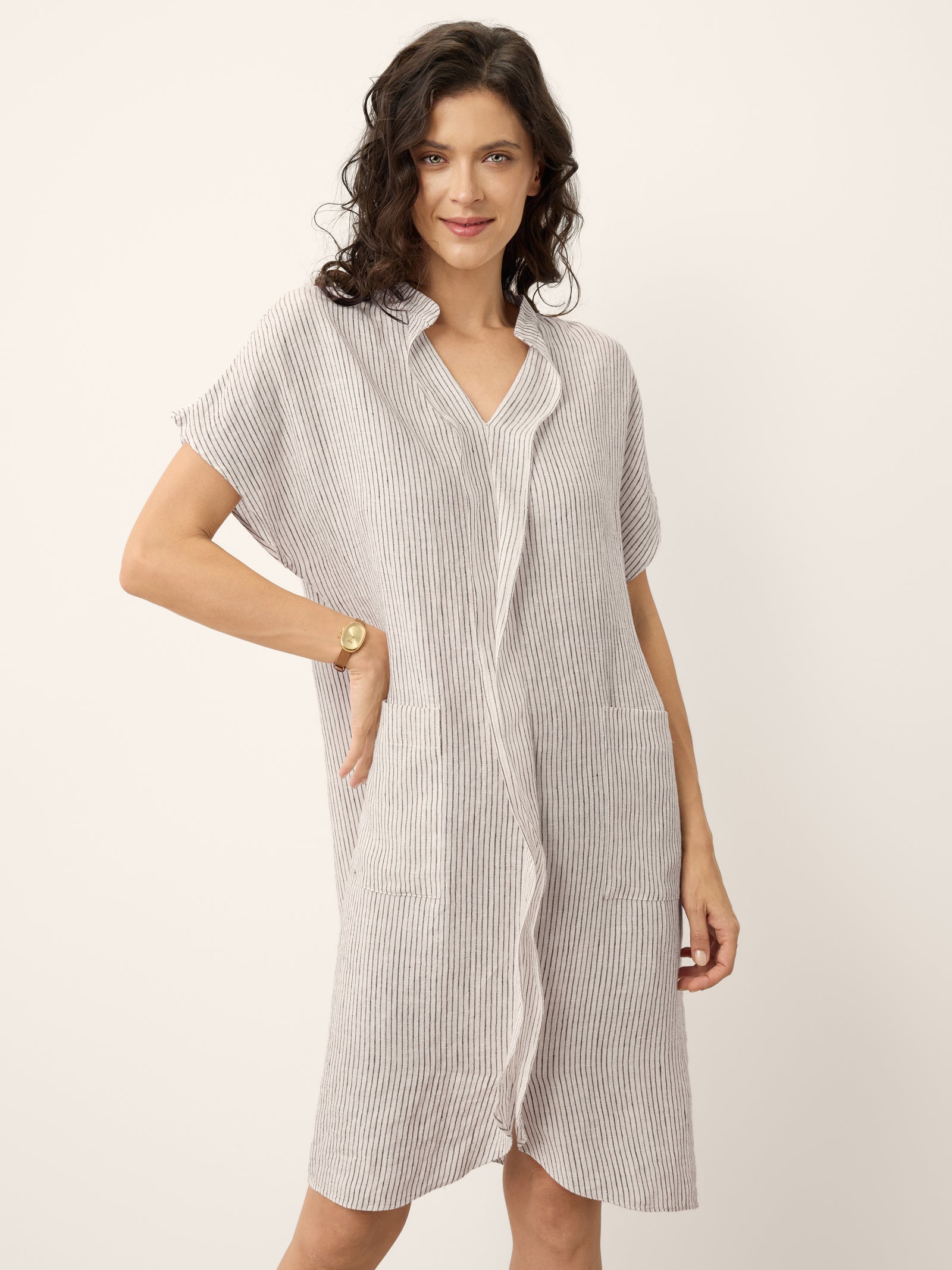 100% Linen Striped Ruffle Placket Shirt Dress GLORIA DestGlow