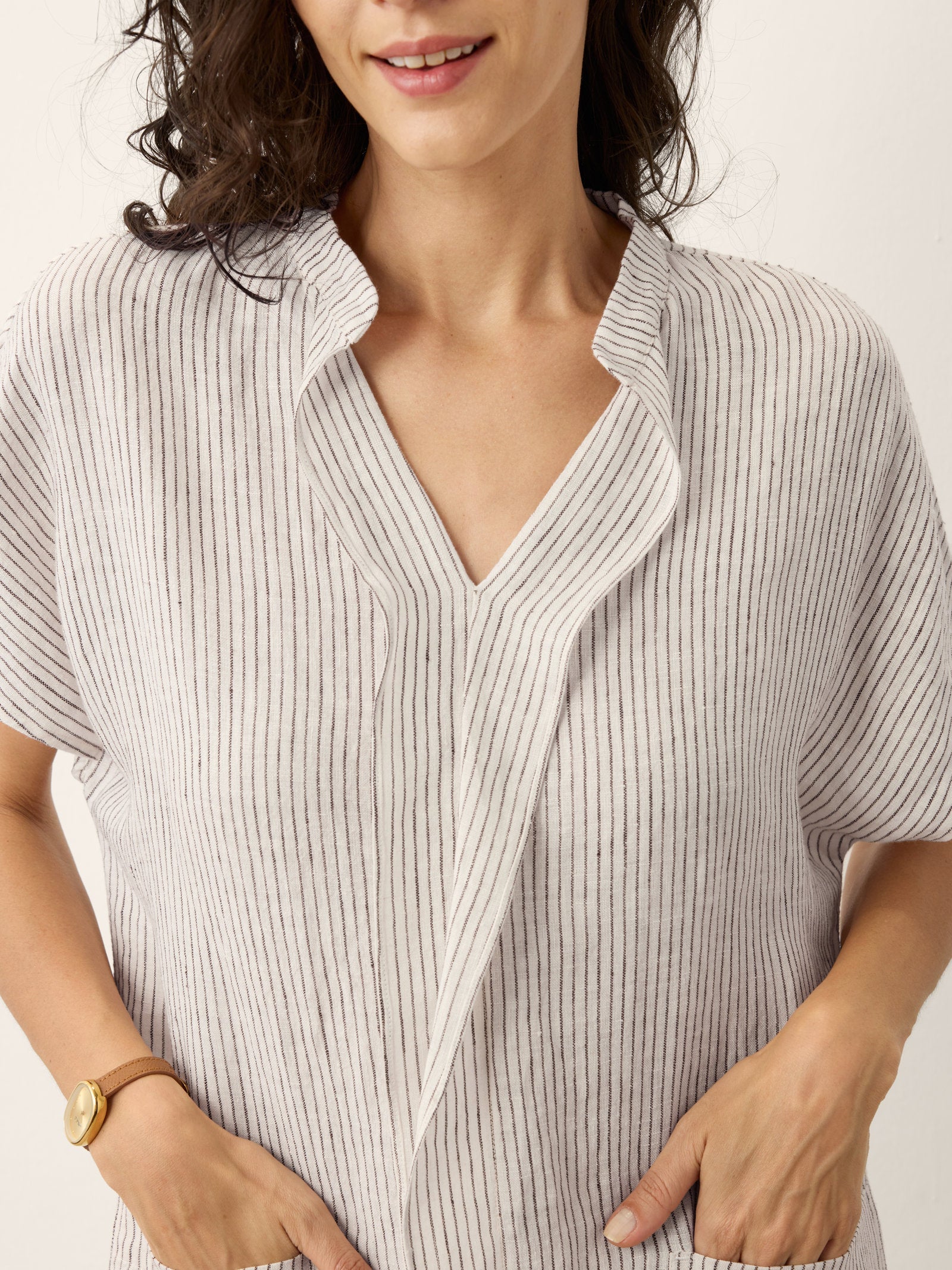 100% Linen Striped Ruffle Placket Shirt Dress GLORIA DestGlow
