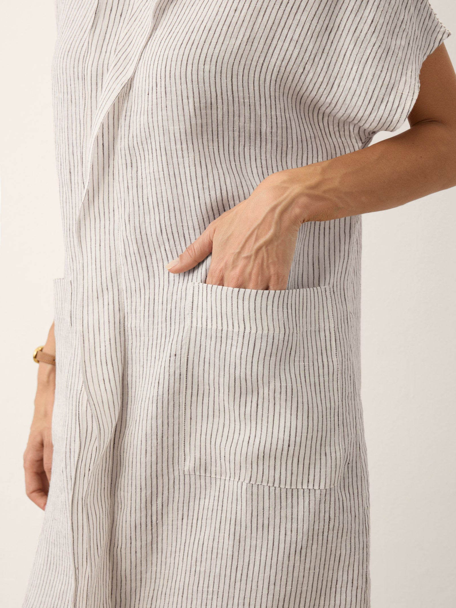 100% Linen Striped Ruffle Placket Shirt Dress GLORIA DestGlow