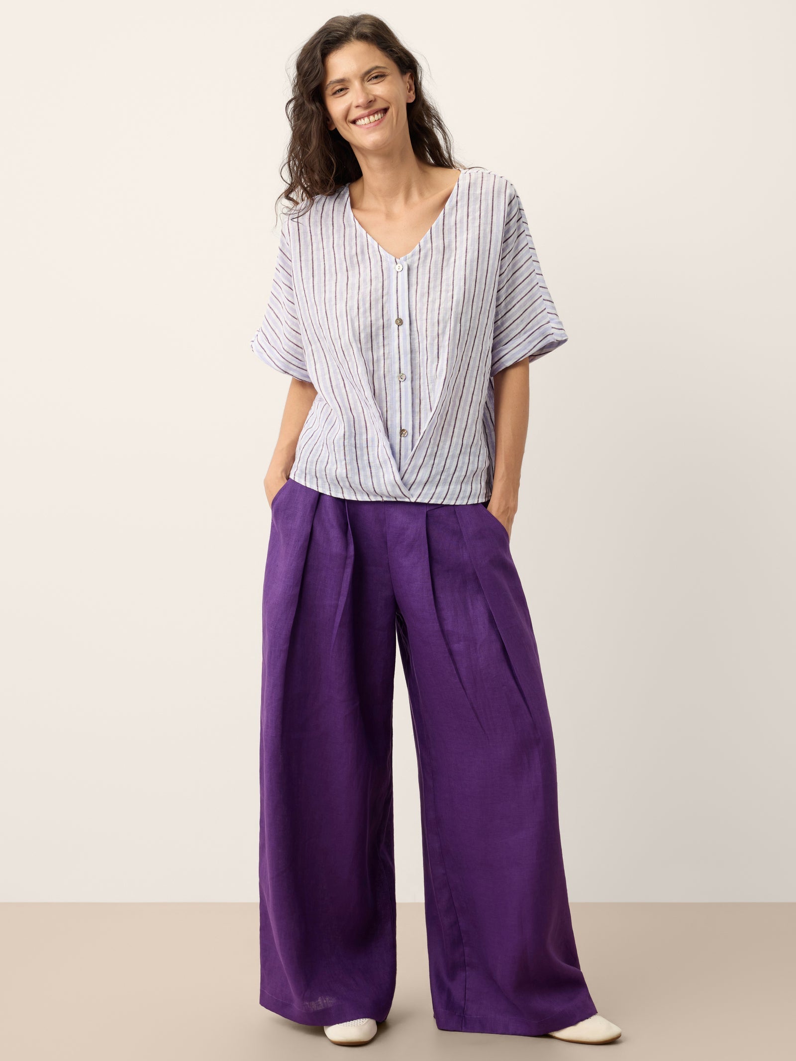 100% Linen Striped Surplice Cocoon Top CATHERINE DestGlow
