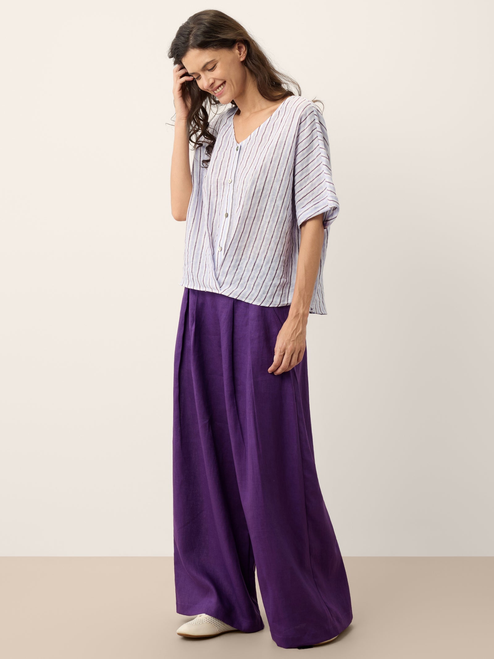100% Linen Striped Surplice Cocoon Top CATHERINE DestGlow