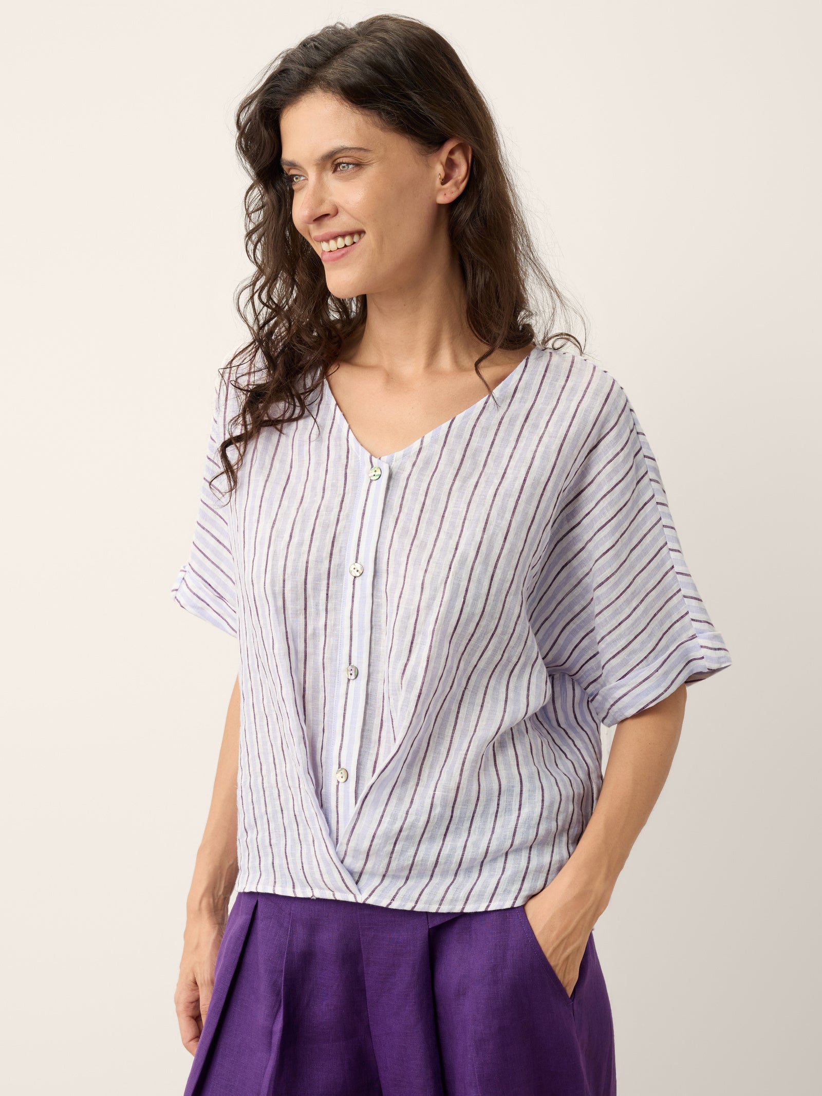 100% Linen Striped Surplice Cocoon Top CATHERINE DestGlow