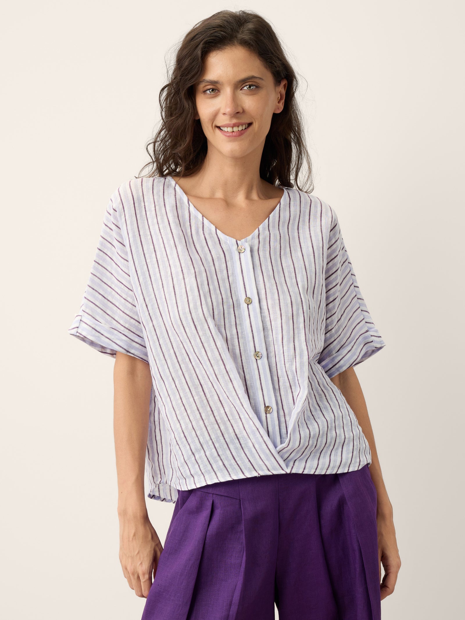 100% Linen Striped Surplice Cocoon Top CATHERINE DestGlow