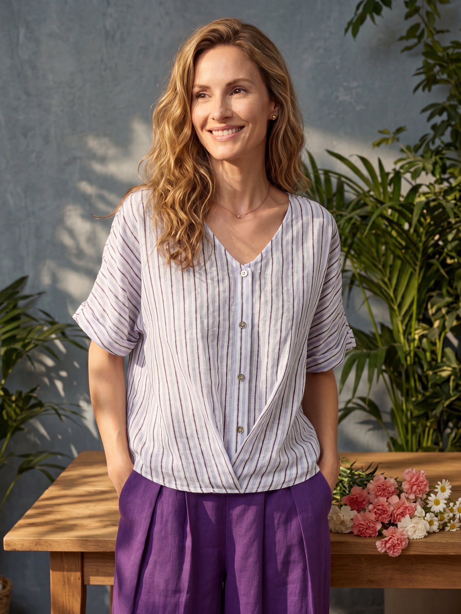 100% Linen Striped Surplice Cocoon Top CATHERINE DestGlow