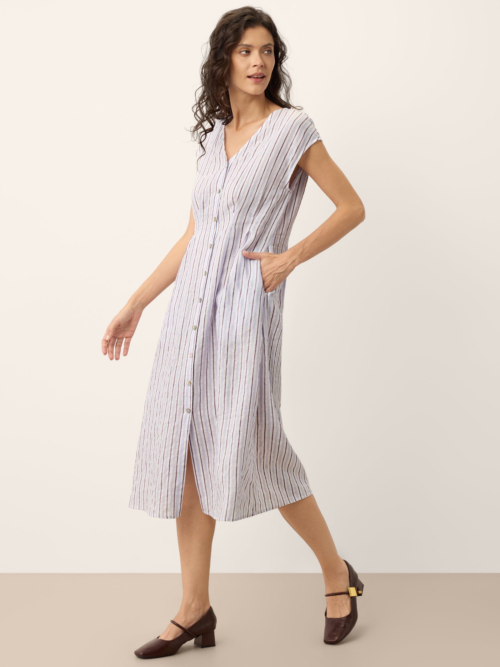 100% Linen Striped Tailored Cap Sleeve Midi Dress AGNES by LINTICO