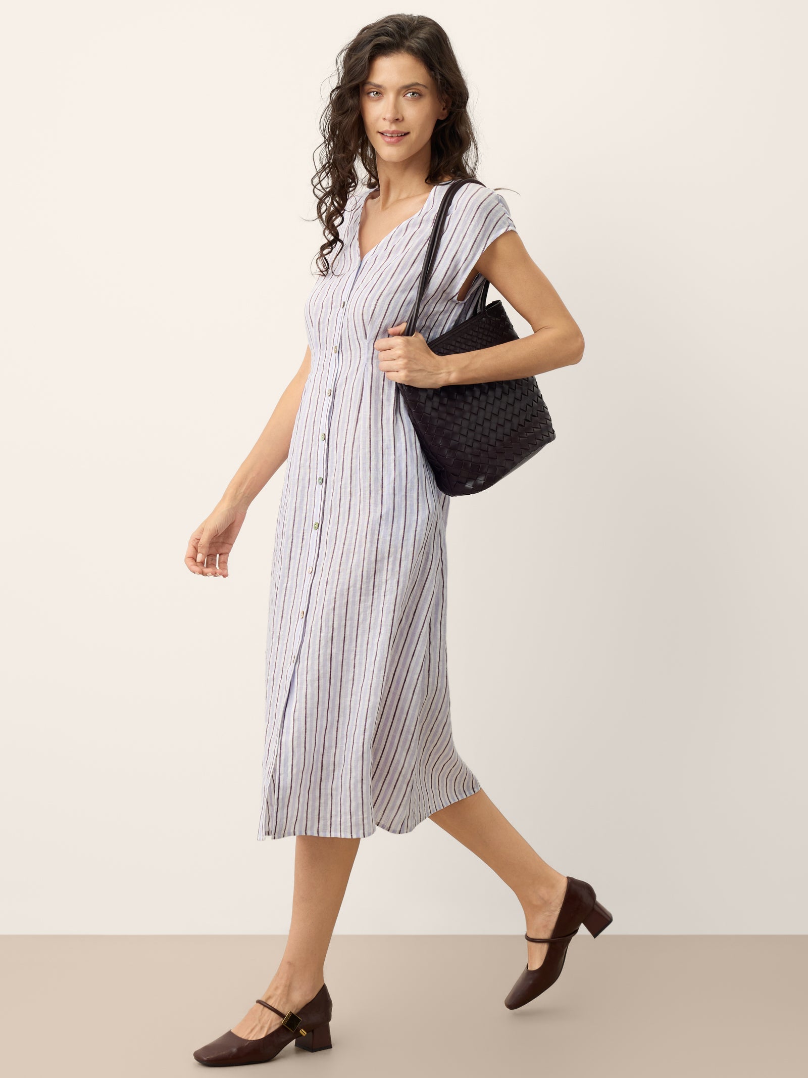 100% Linen Striped Tailored Cap Sleeve Midi Dress AGNES by LINTICO