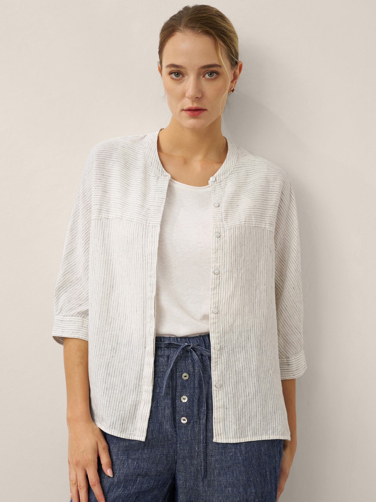 100% Linen Striped Three-Quarter Sleeve Shirt SKYLAR by LINTICO