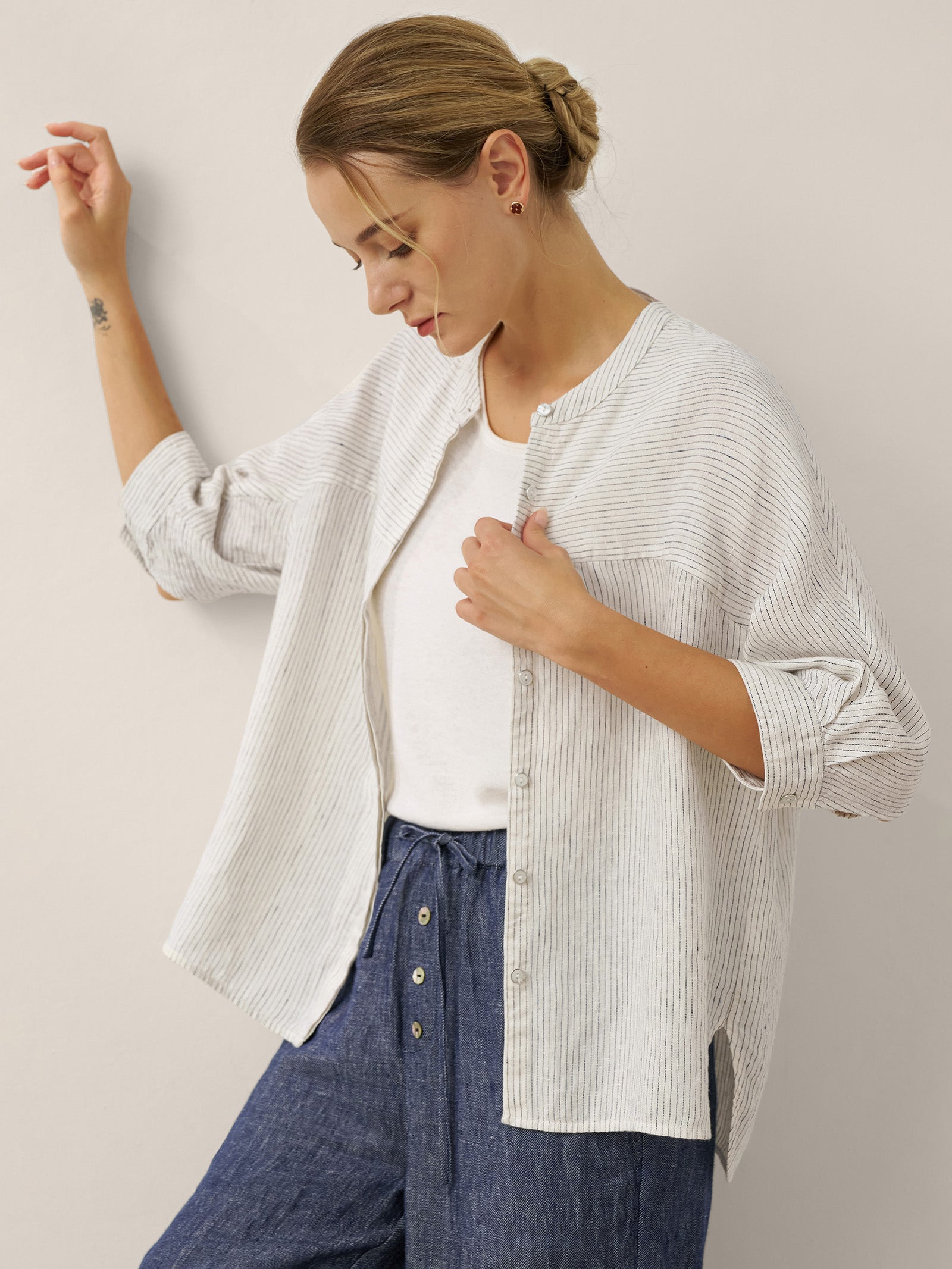 100% Linen Striped Three-Quarter Sleeve Shirt SKYLAR by LINTICO