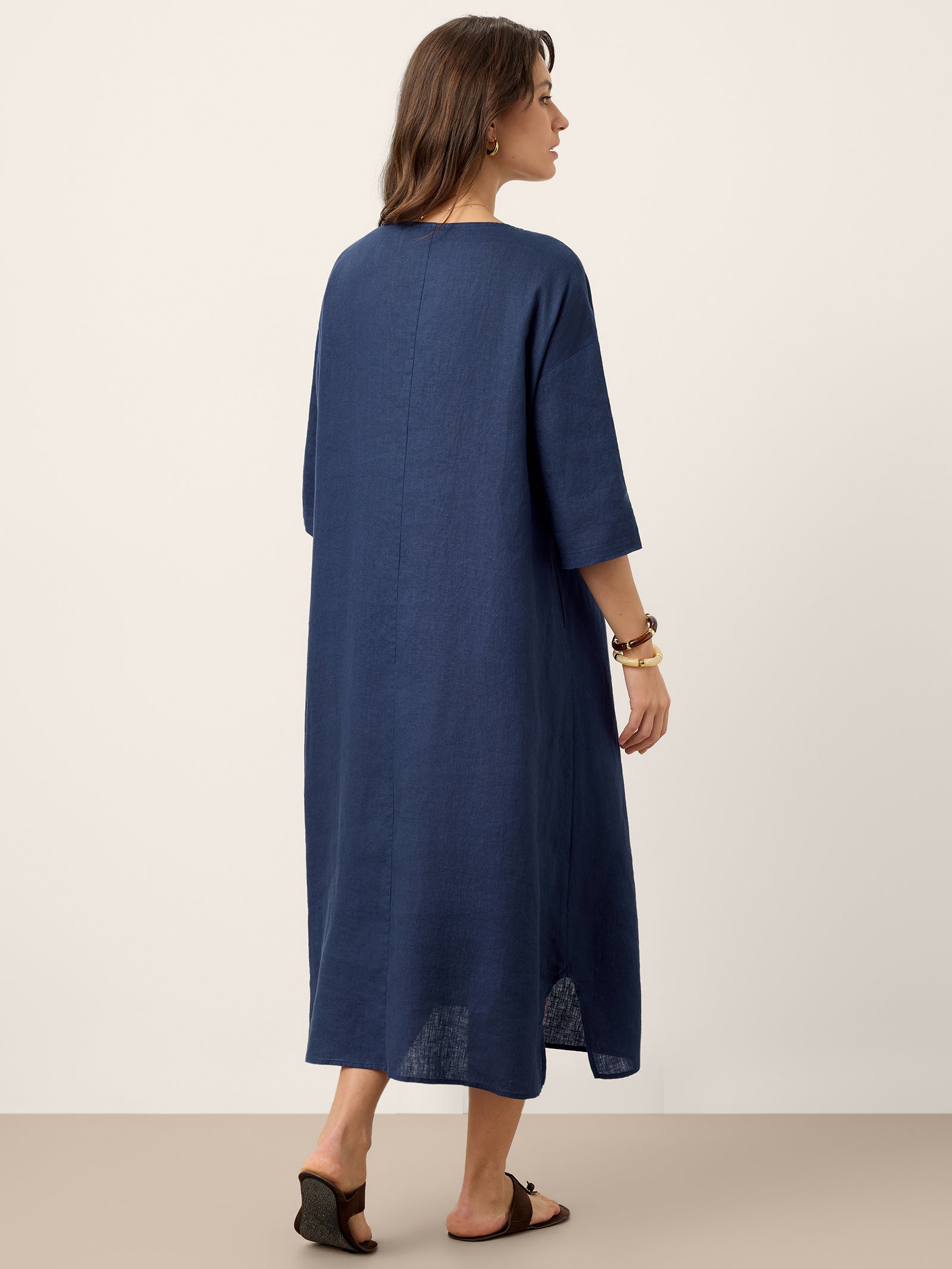 100% Linen Roll-Up Sleeve Inverted Pleat Maxi Dress MARIBEL by LINTICO