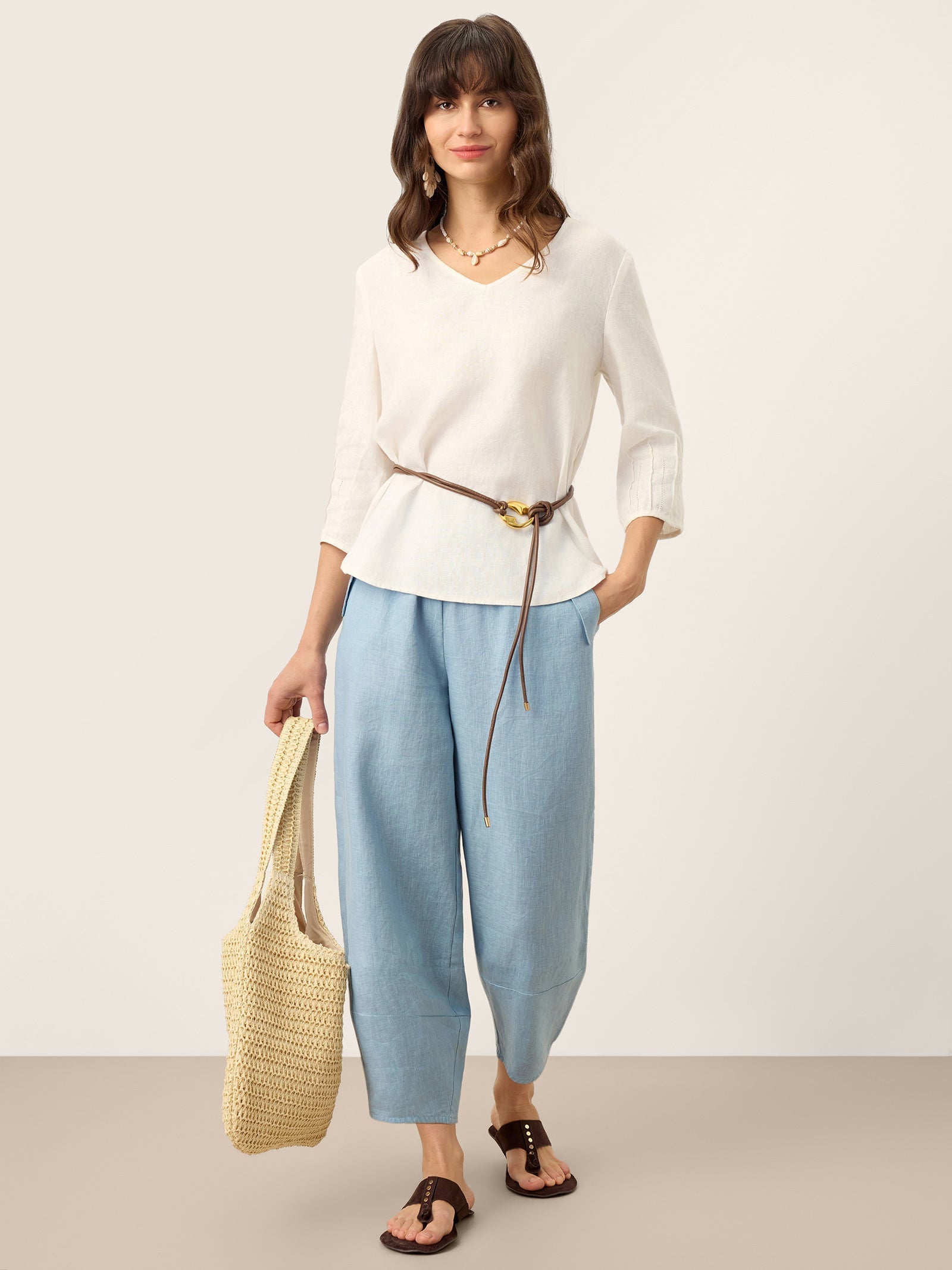 100% Linen Tapered Cropped Pull-On Trousers LORETTA DestGlow