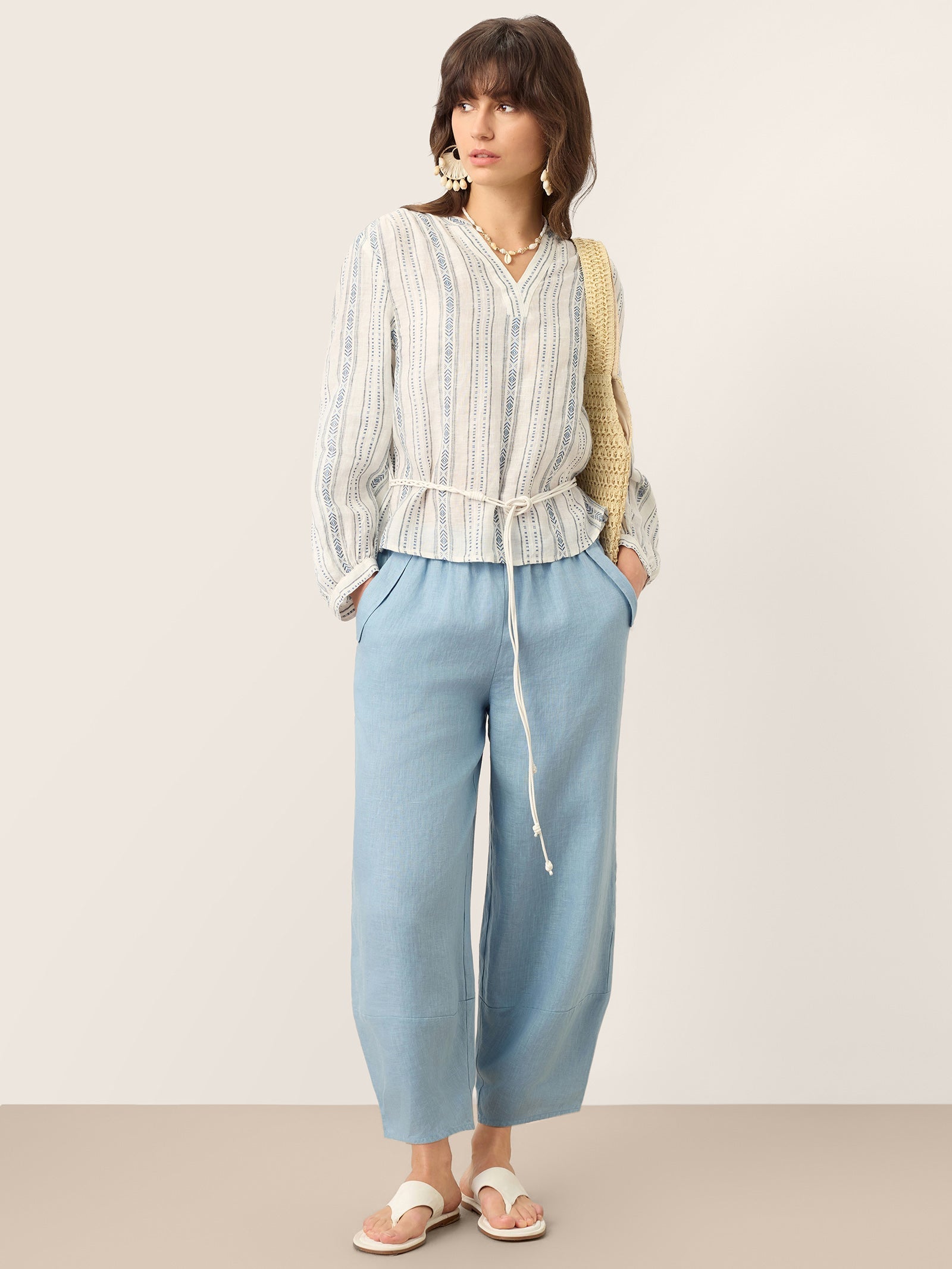 100% Linen Tapered Cropped Pull-On Trousers LORETTA DestGlow