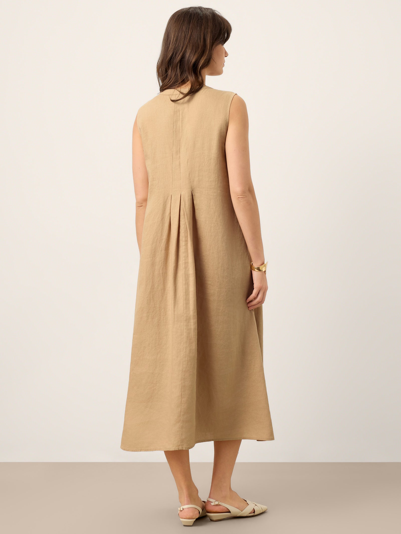 100% Linen Sleeveless Tie-Neck Pintucked Midi Dress MILLICENT by LINTICO