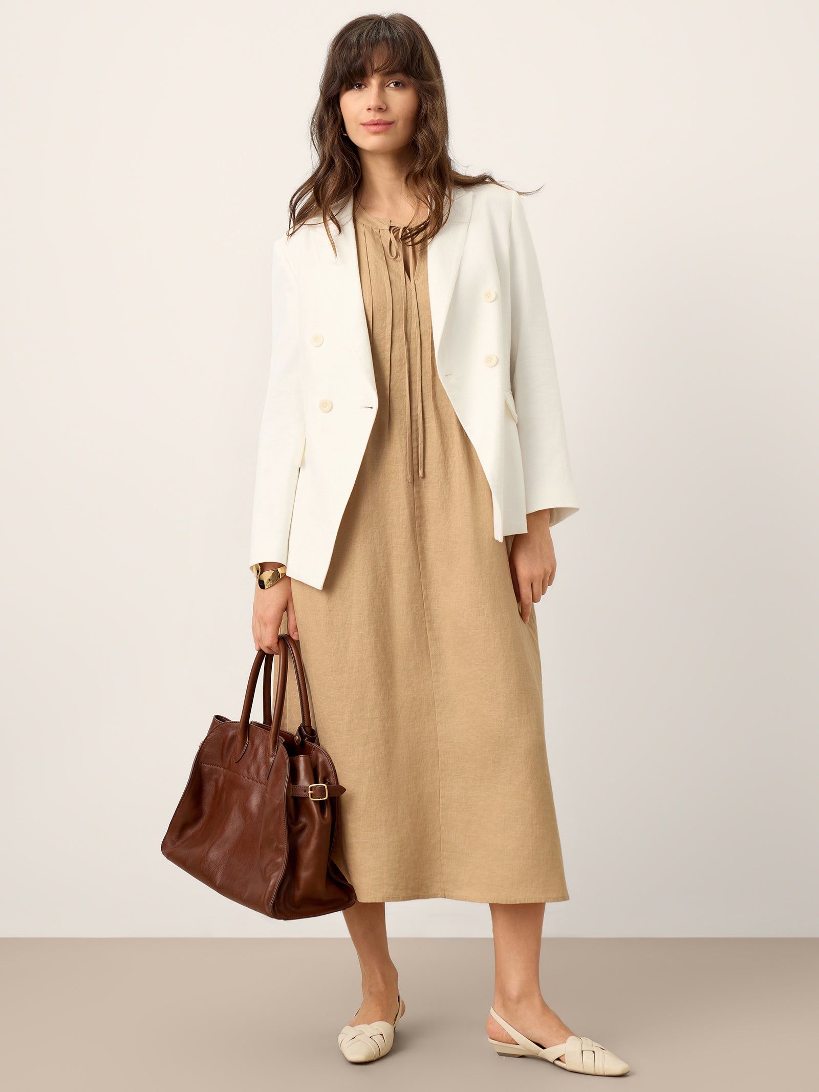100% Linen Sleeveless Tie-Neck Pintucked Midi Dress MILLICENT by LINTICO