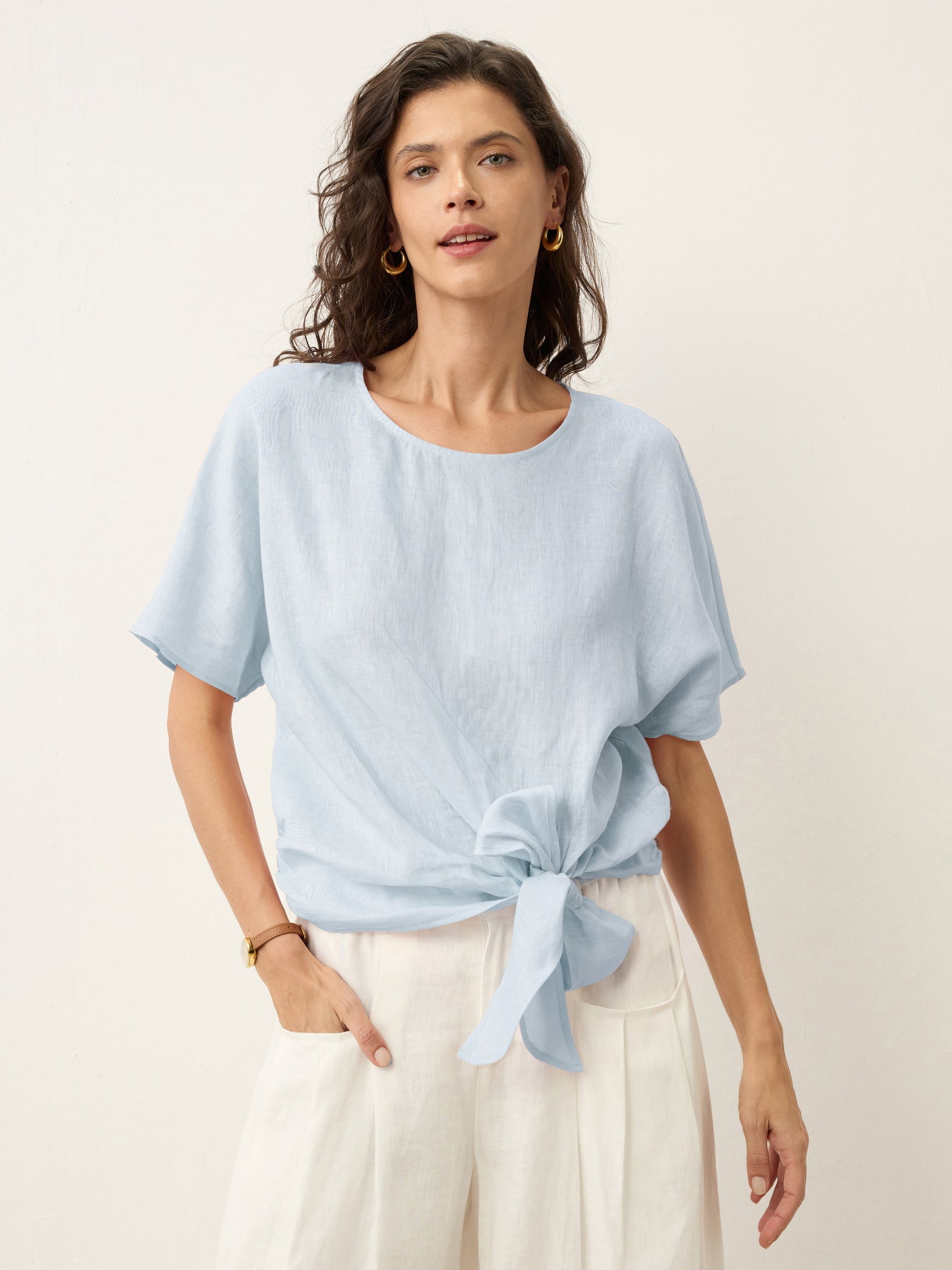 100% Linen Tie Front Drop Shoulder Top PAULA by LINTICO