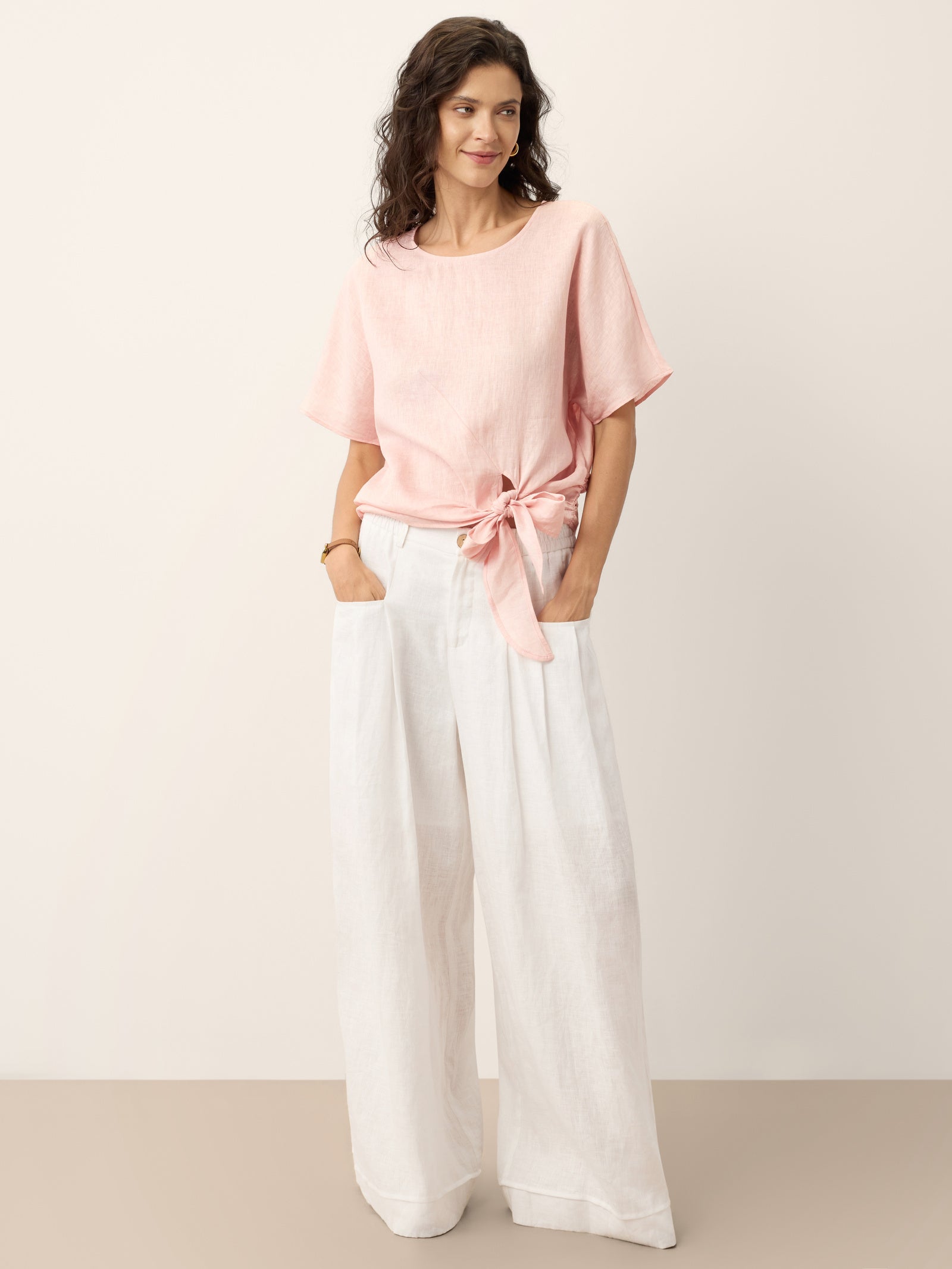 100% Linen Tie Front Drop Shoulder Top PAULA by LINTICO