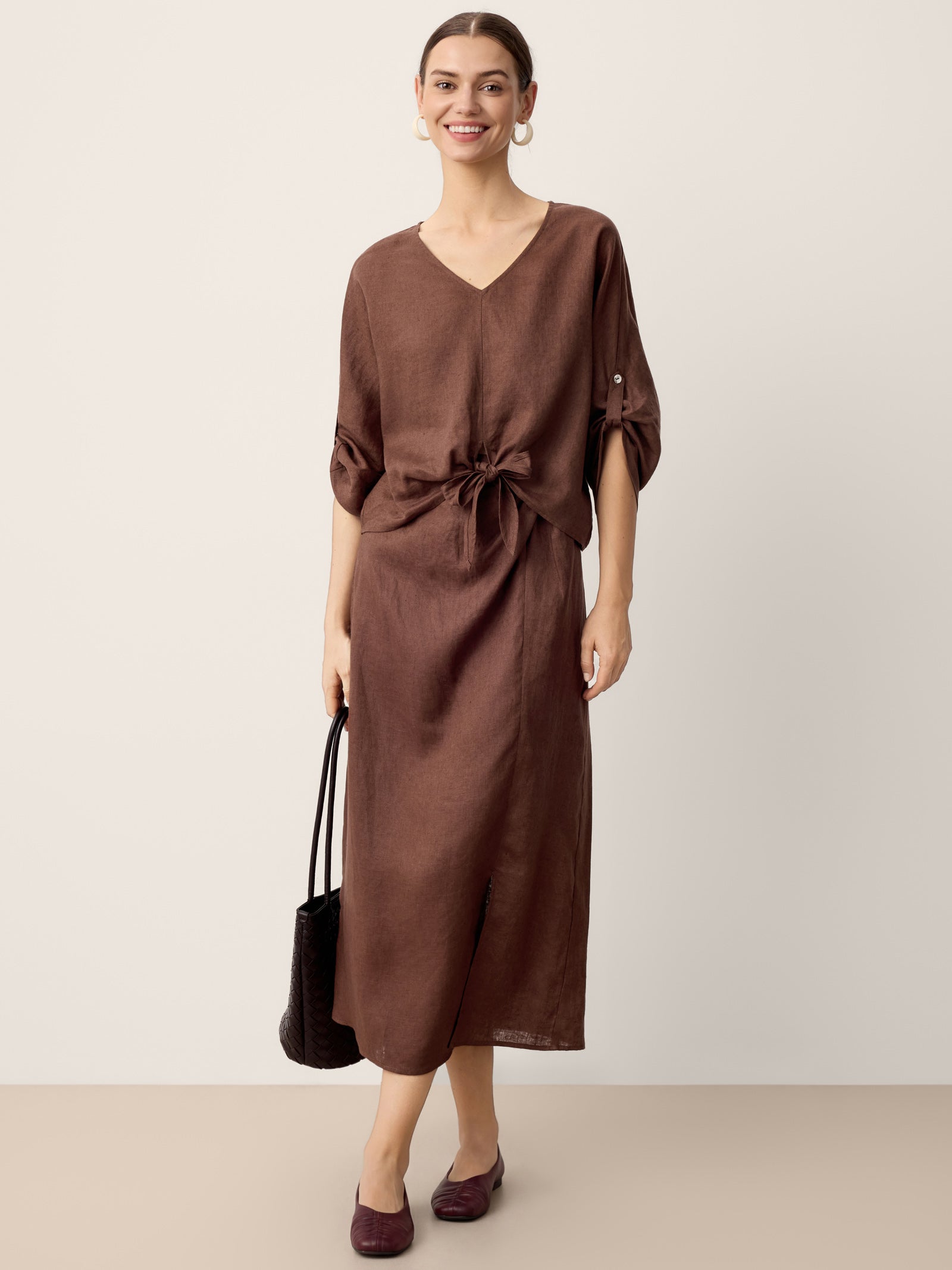 100% Linen Twist-Waist Slit Skirt LIVANA by LINTICO