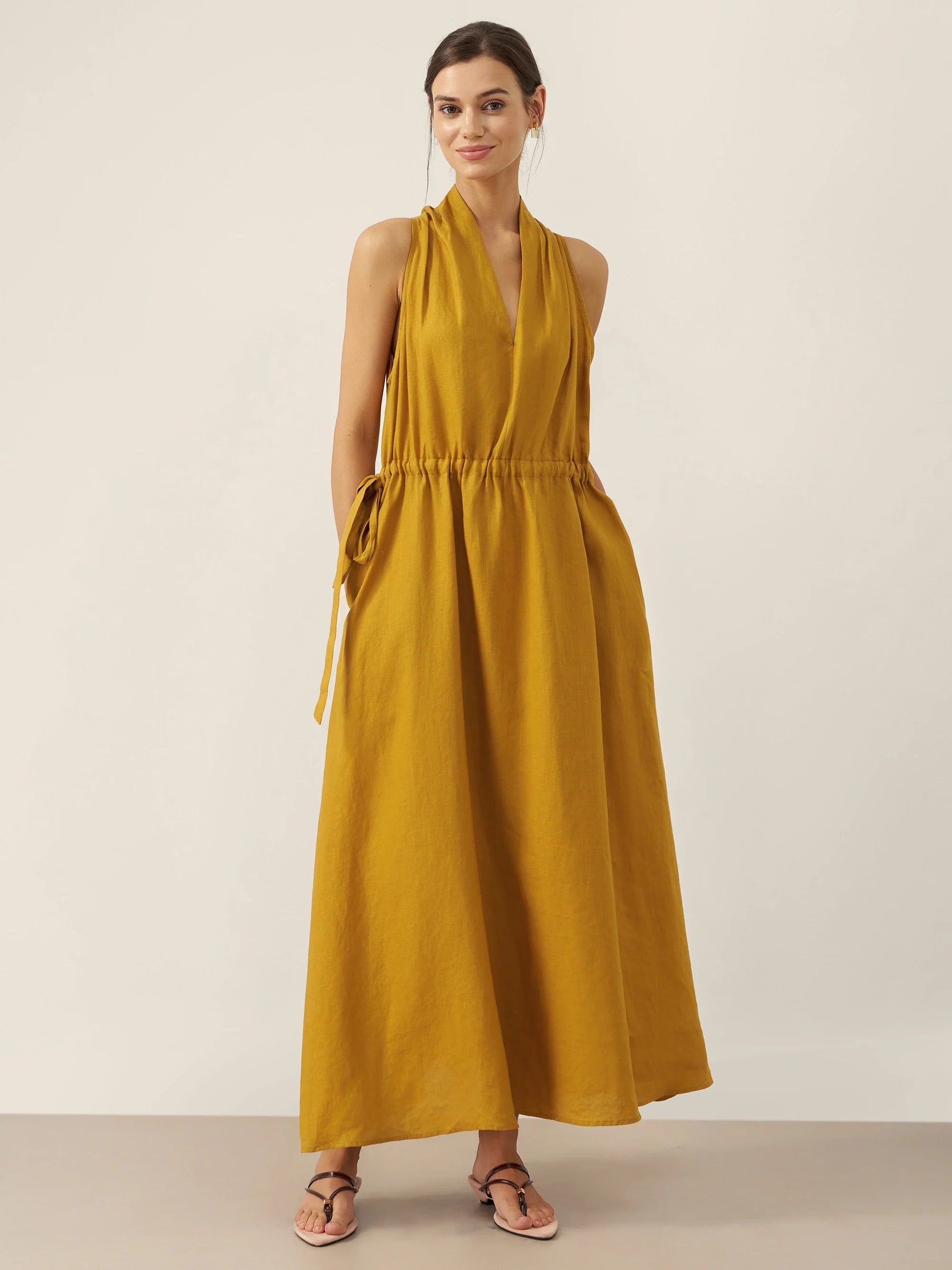 100% Linen V-Neck Halter Maxi Dress BETH by LINTICO
