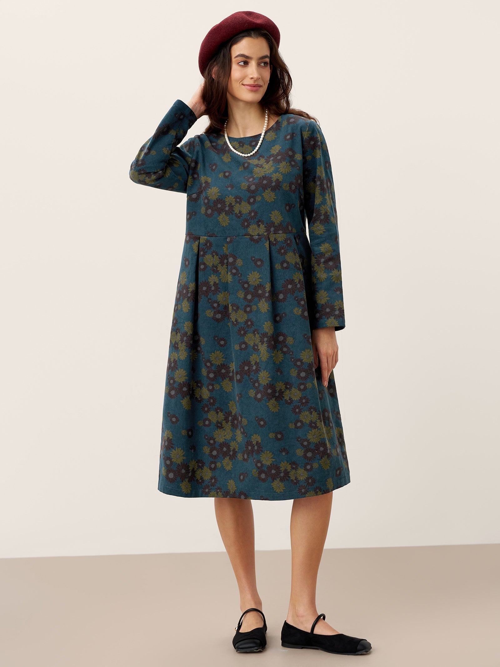 100% Organic Cotton Ruched Print Boat Neck Midi Dress CRESSIDA DestGlow