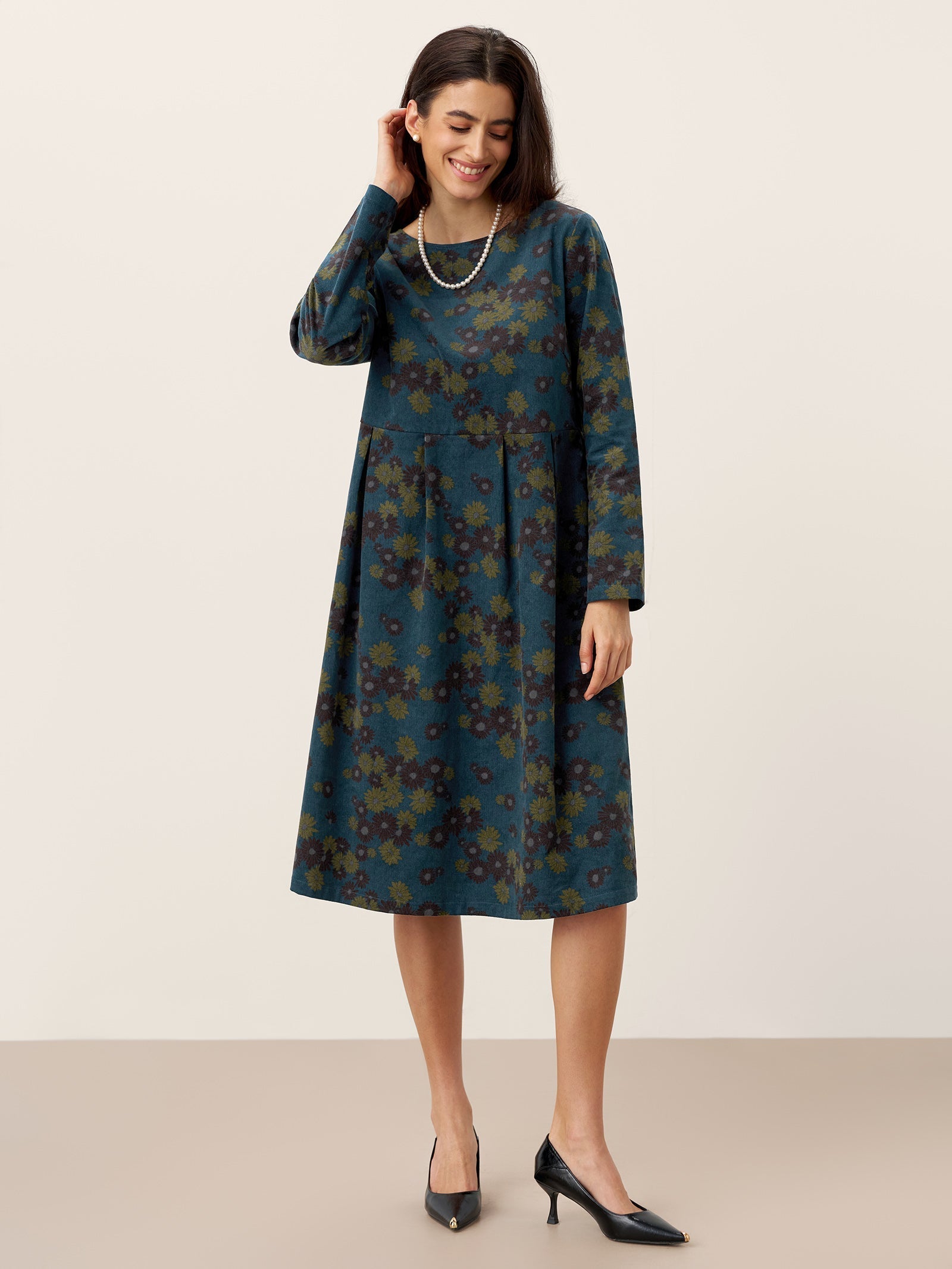 100% Organic Cotton Ruched Print Boat Neck Midi Dress CRESSIDA DestGlow