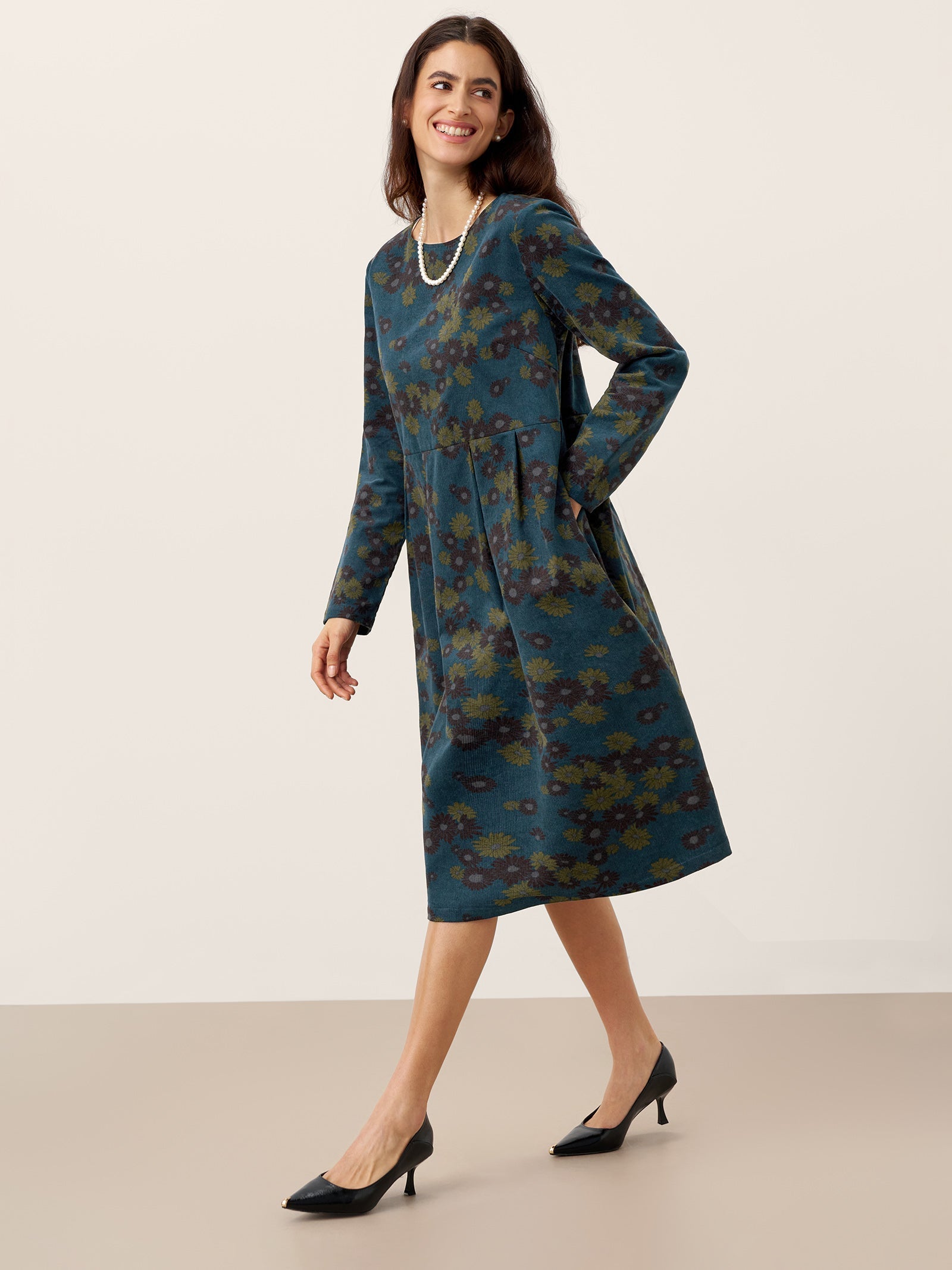 100% Organic Cotton Ruched Print Boat Neck Midi Dress CRESSIDA DestGlow