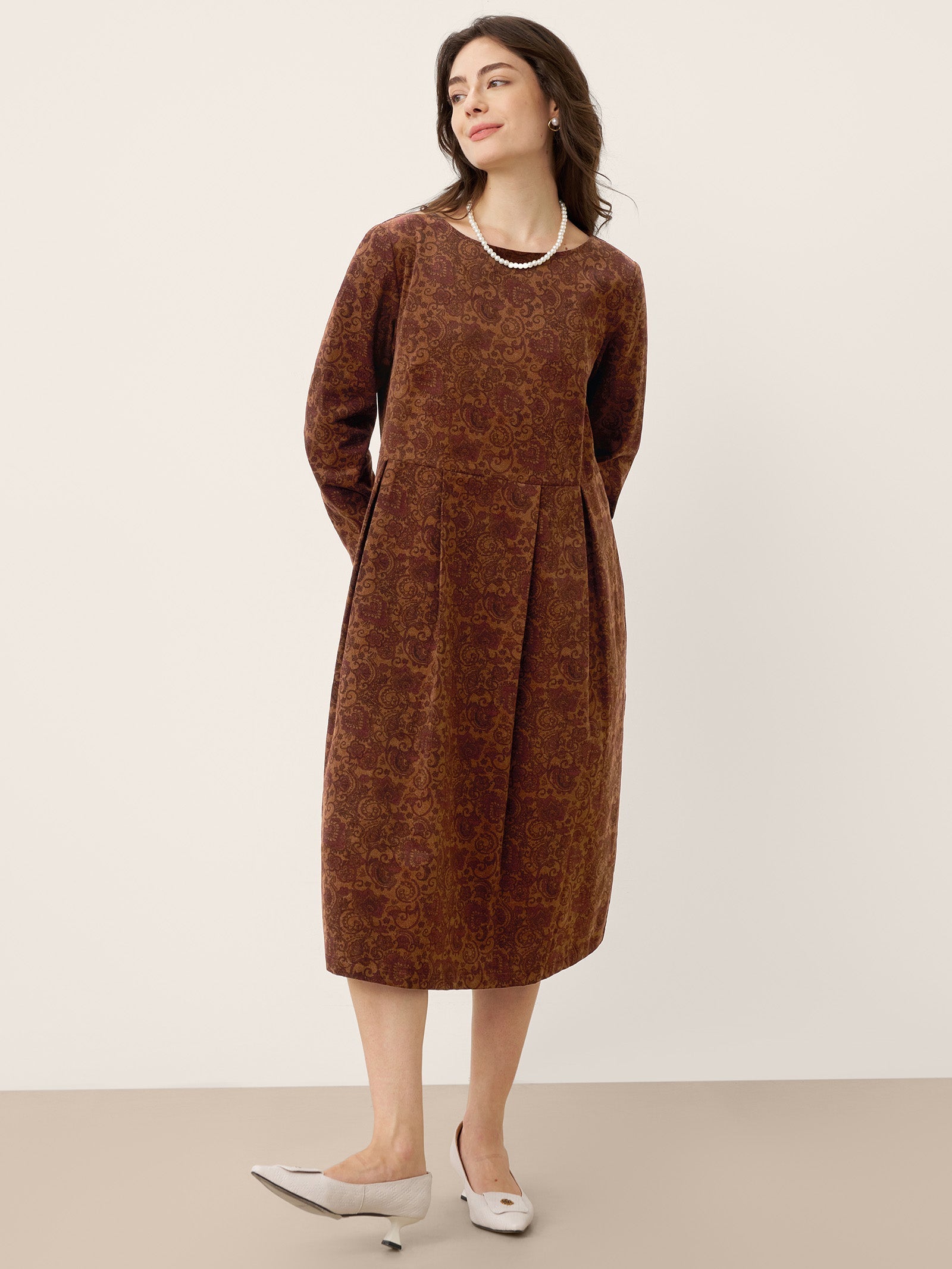 100% Organic Cotton Ruched Print Boat Neck Midi Dress CRESSIDA DestGlow