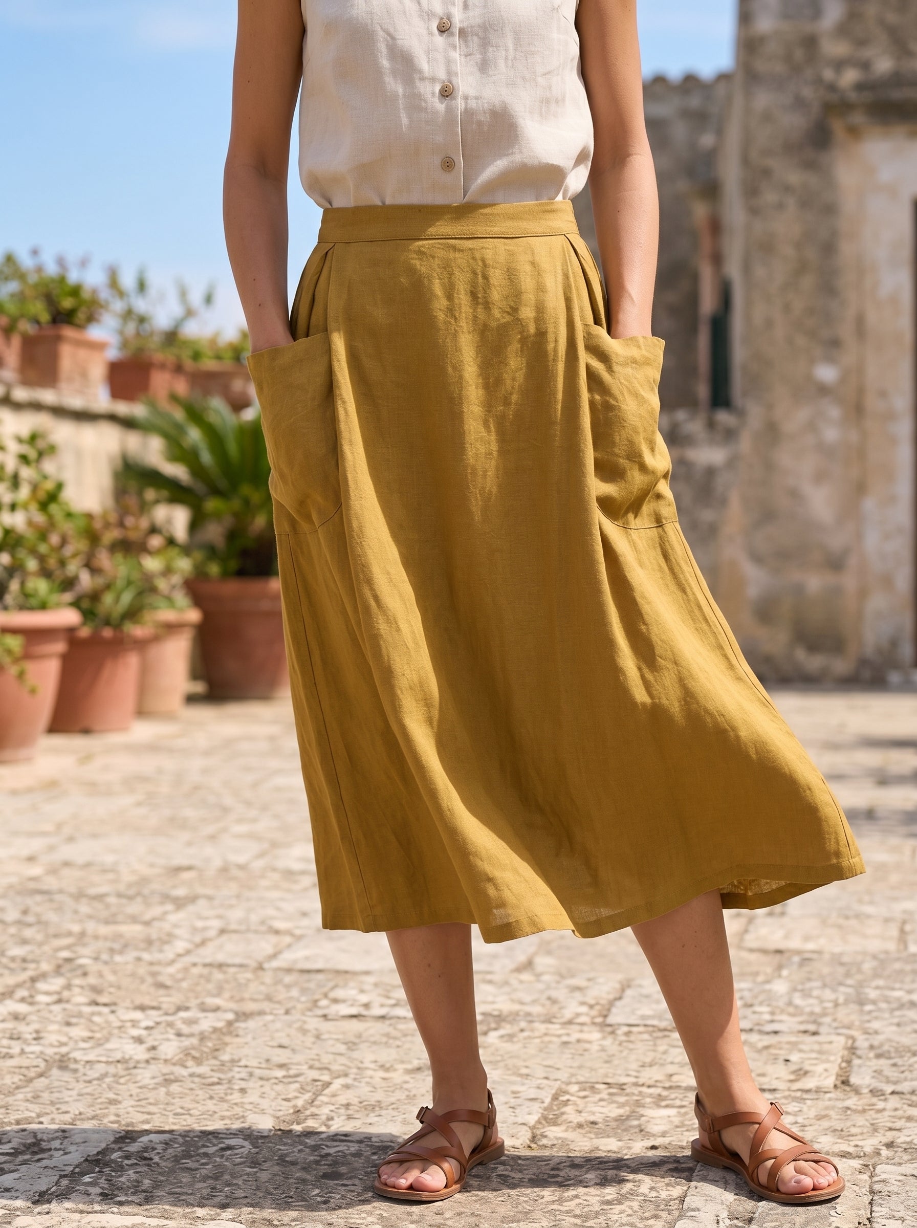 Linen Checked Elastic Waist Skirt MARINA