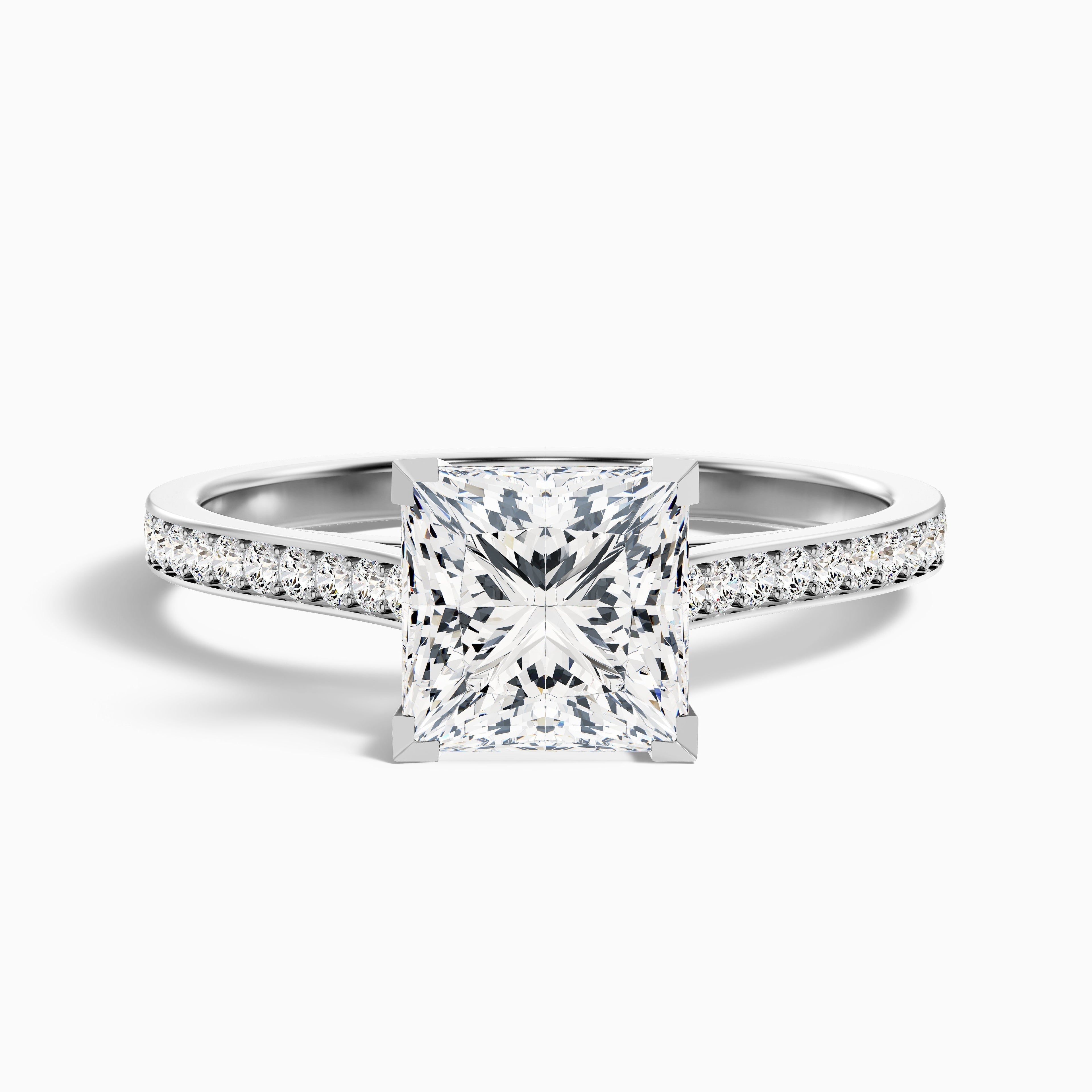 Pearl 4.5 Carat Princess Cut Side Stone Pave Lab Grown Diamond Ring in 14k Rose Gold DestGlow