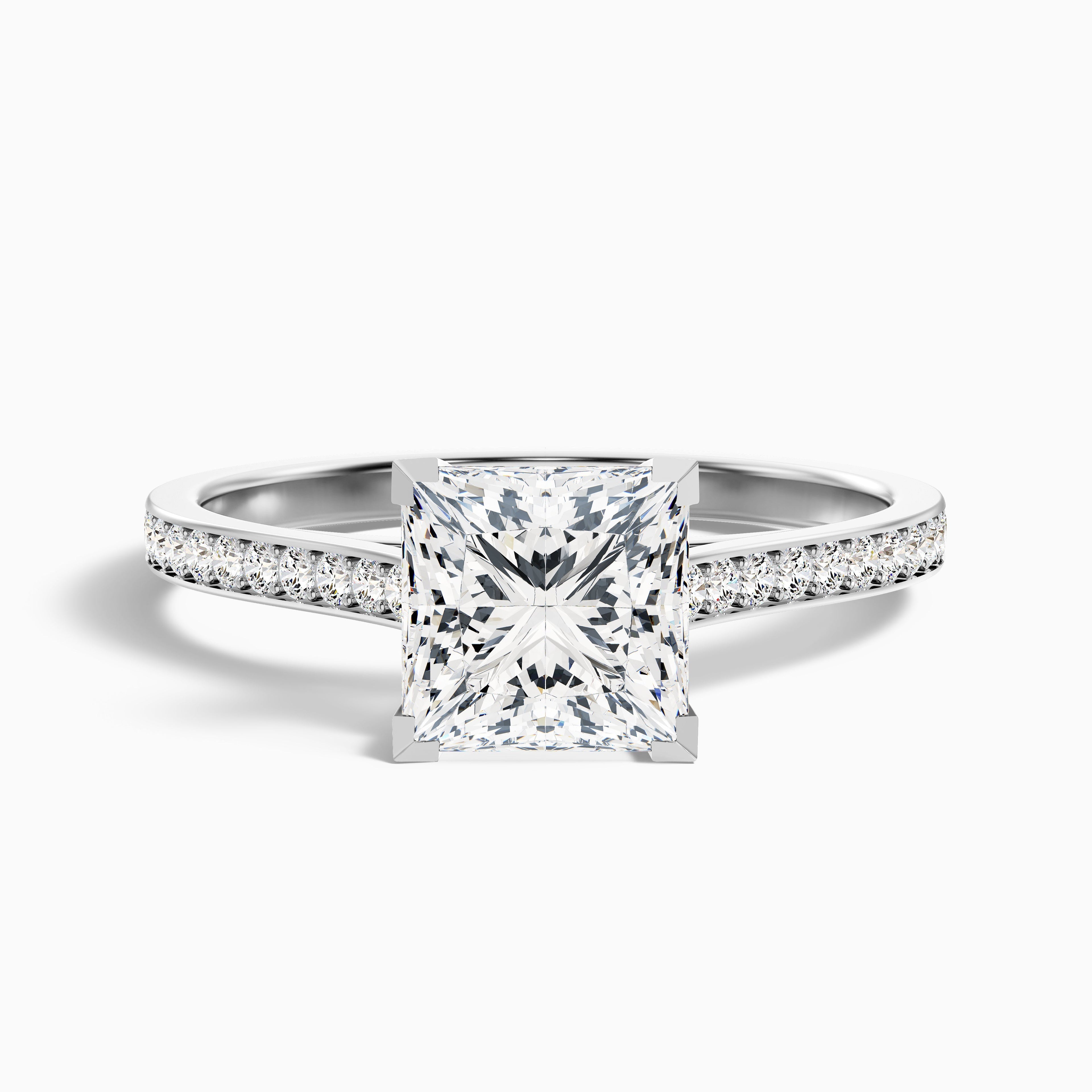 Pearl 2.5 Carat Princess Cut Side Stone Pave Lab Grown Diamond Ring in 18k White Gold DestGlow