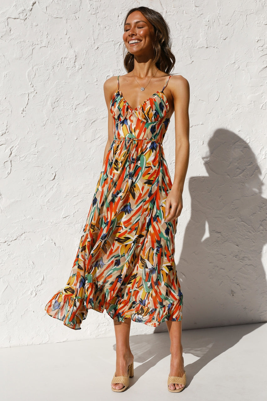 Women New Printed Wooden Ear Suspender Dress by Ragazza