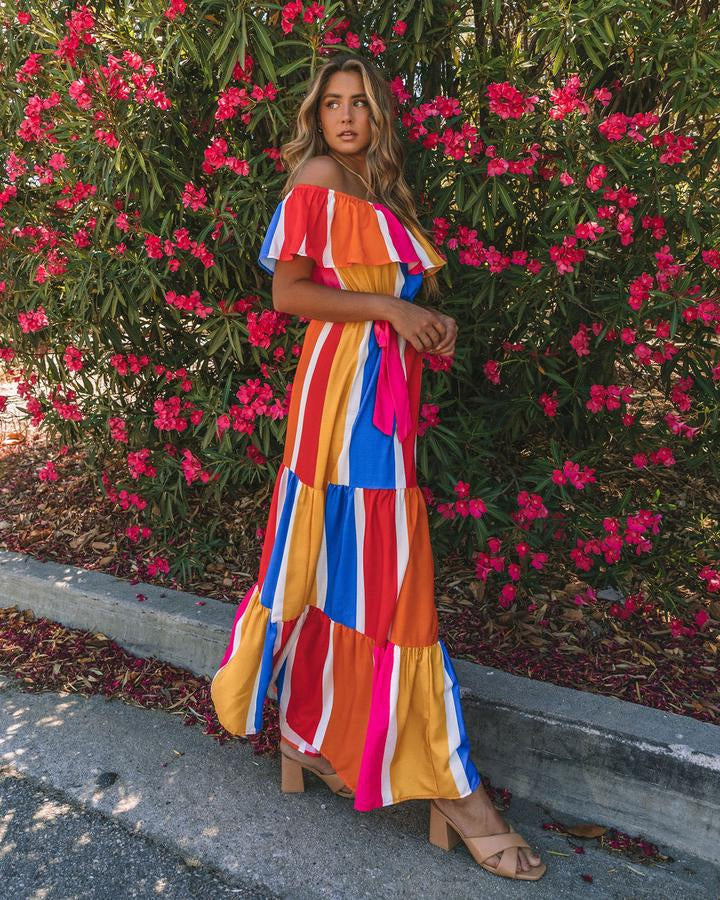 Women New Striped Printed Shoulder Ruffled Dress by Ragazza