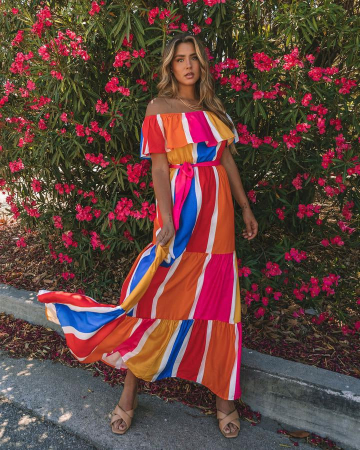 Women New Striped Printed Shoulder Ruffled Dress by Ragazza