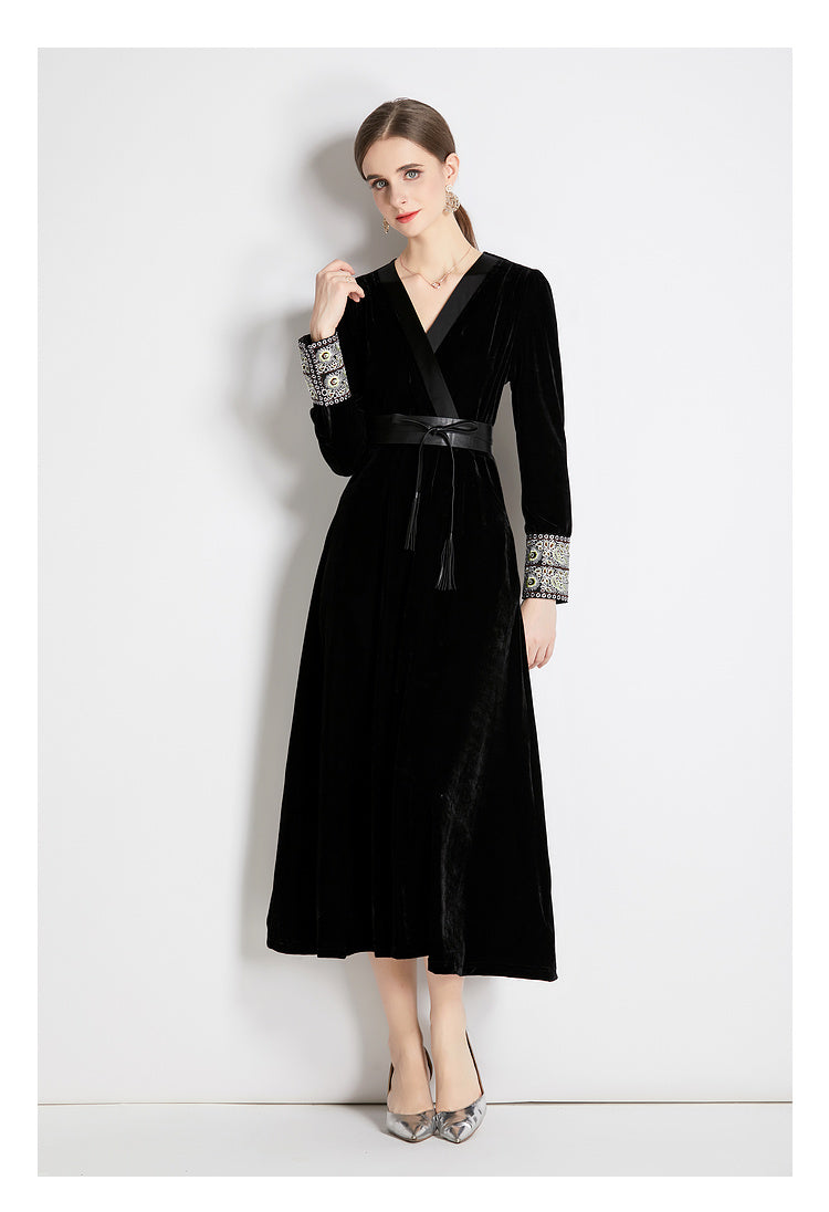 Women Fall Winter Long Sleeve V Neck A Line Midi Dress by Ragazza