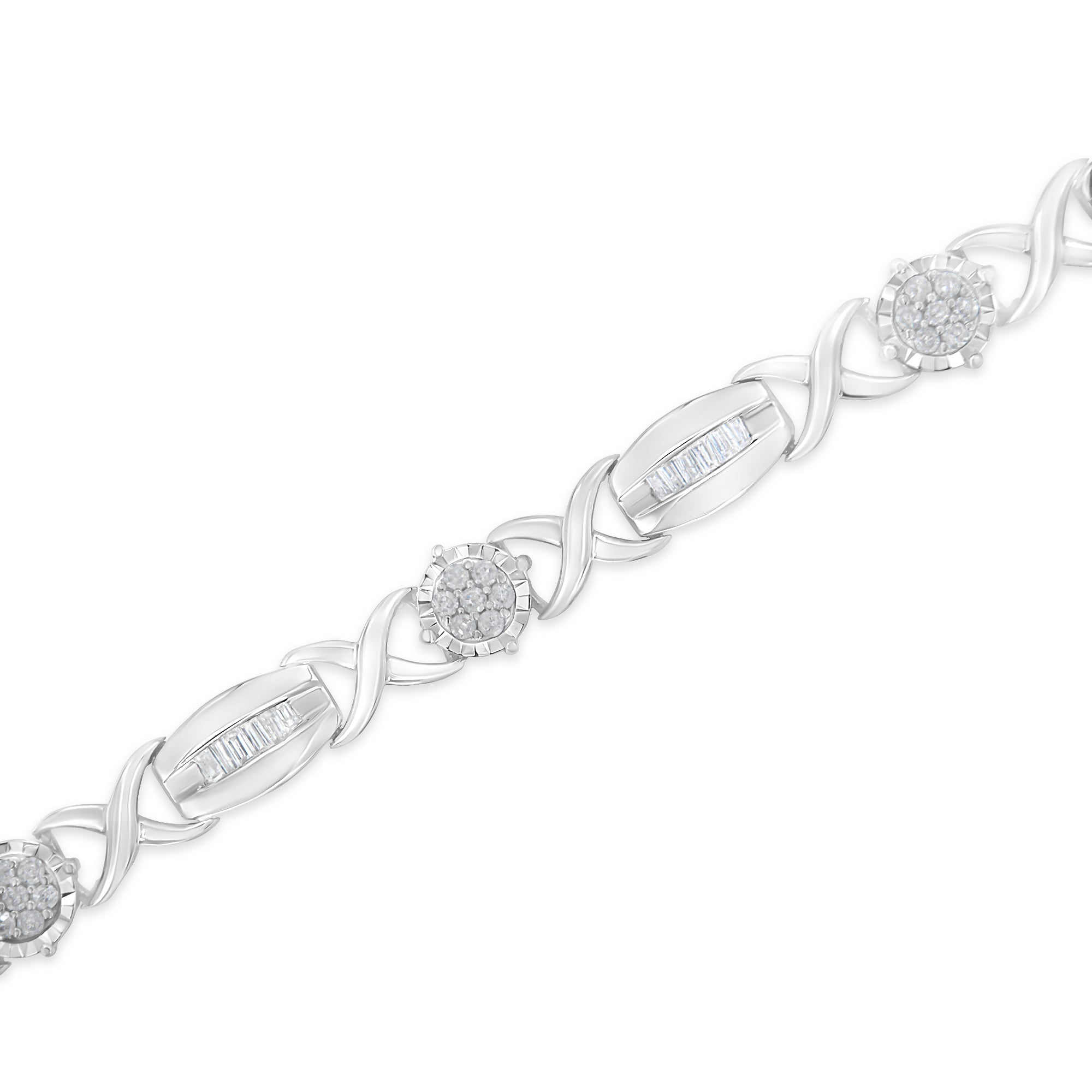 .925 Sterling Silver 1.0 Cttw Round-Cut and Baguette-Cut Diamond X-Link Bracelet (I-J Color, I1-I2 Clarity) - 7" by Bids.com