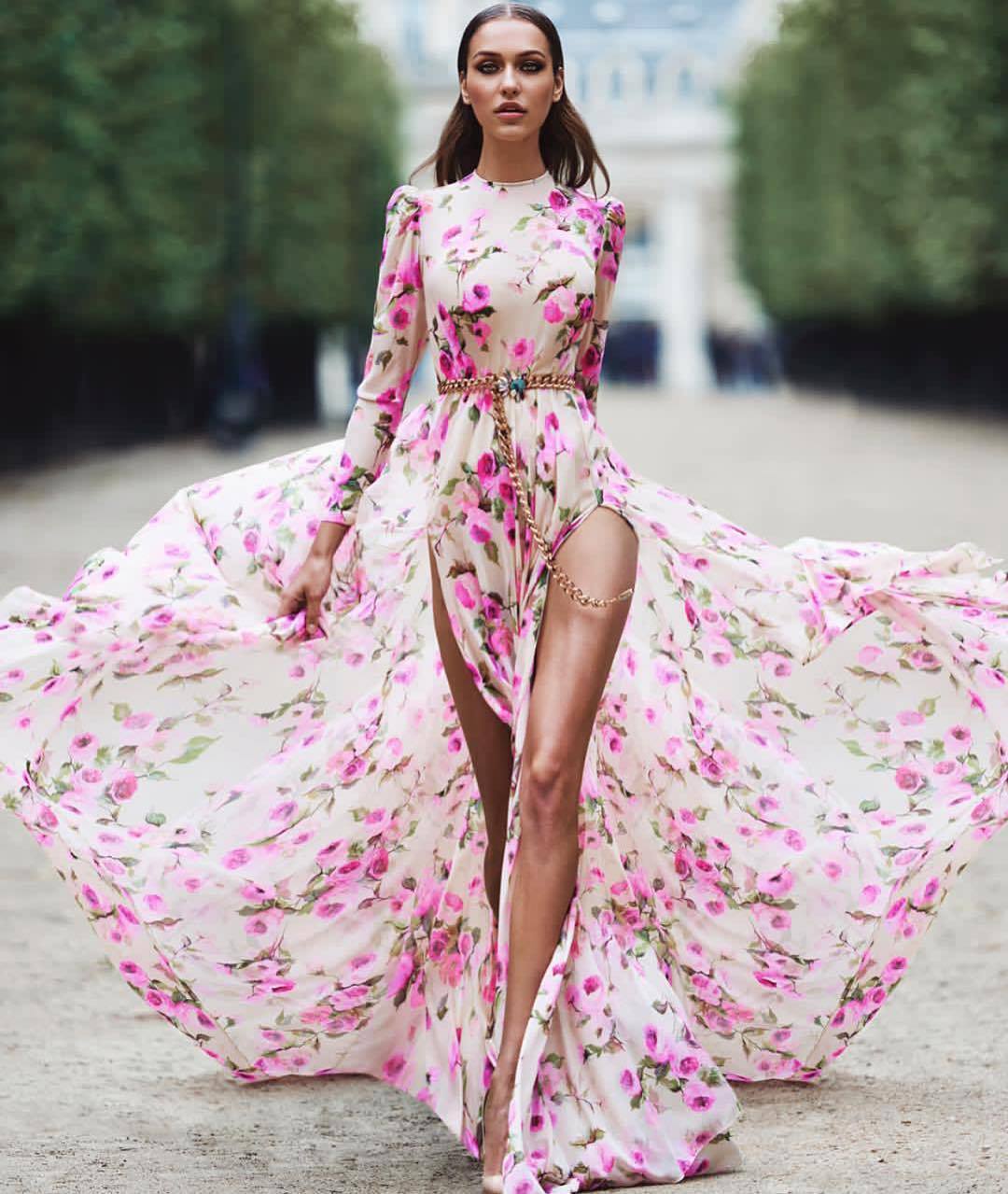 Women Clothing Print Large Swing Dress Slit Fashionable Maxi Dress Beach Dress by Ragazza